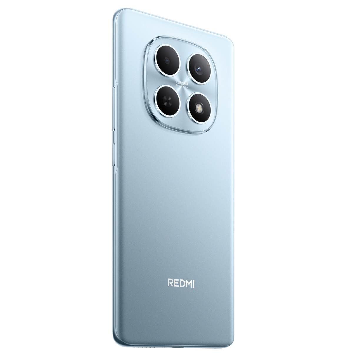 Jasnoniebieski telefon Redmi z czterema obiektywami aparatu na czarnym tle. Logo Redmi znajduje się na dole.