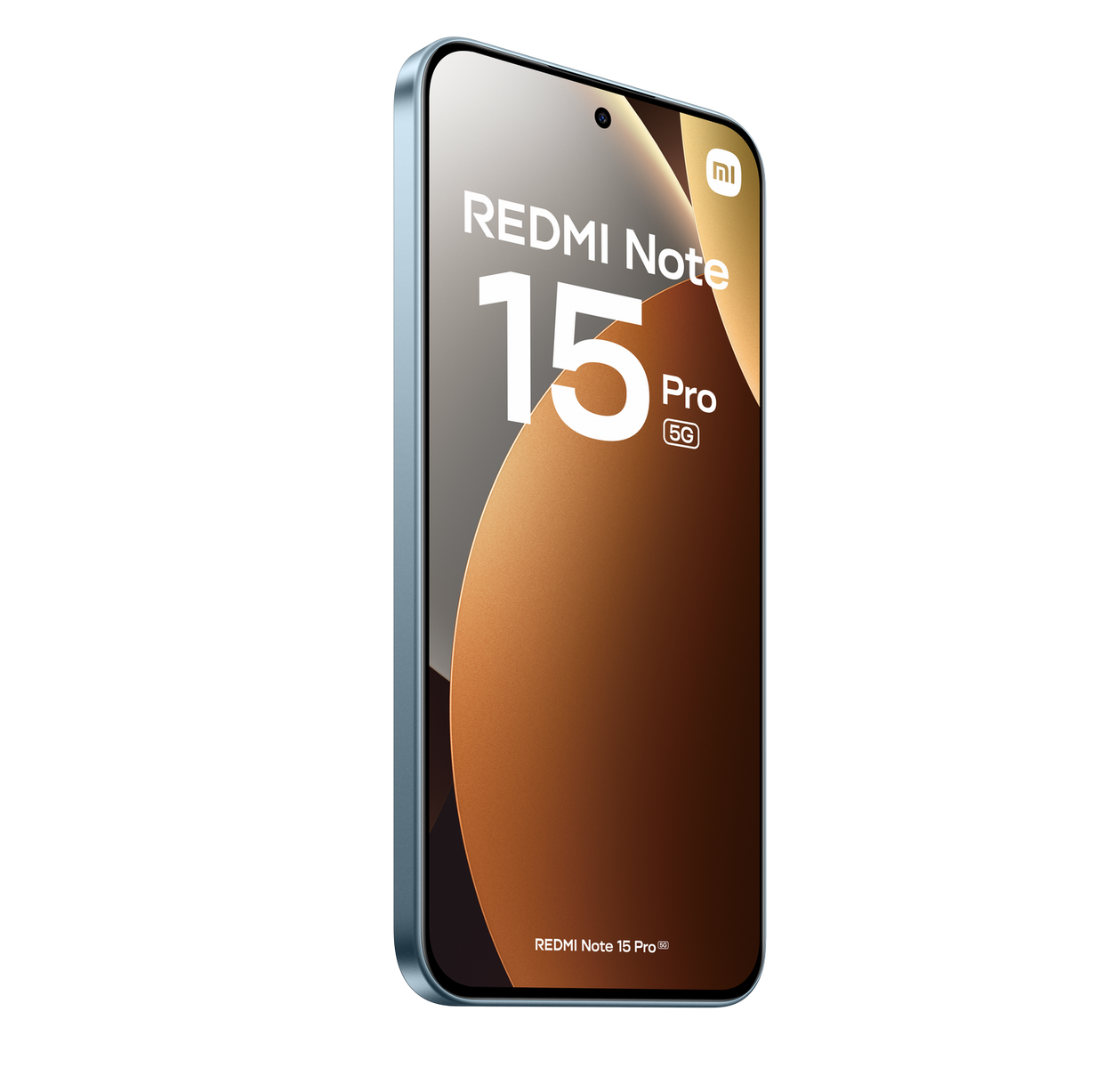 Smartfon Redmi Note 15 Pro 5G na czarnym tle. Telefon jest niebieski i ma nazwę marki na ekranie.