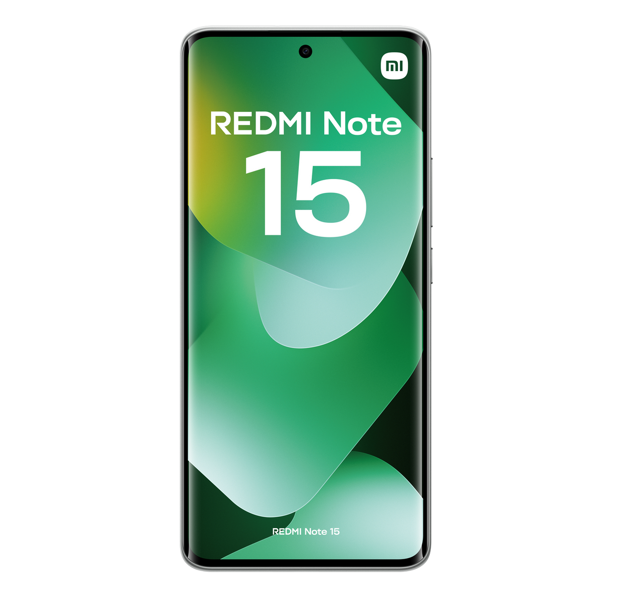 Smartfon z zielonym gradientowym wyświetlaczem. Ekran pokazuje 'REDMI Note 15' i liczbę '15' w kolorze białym.