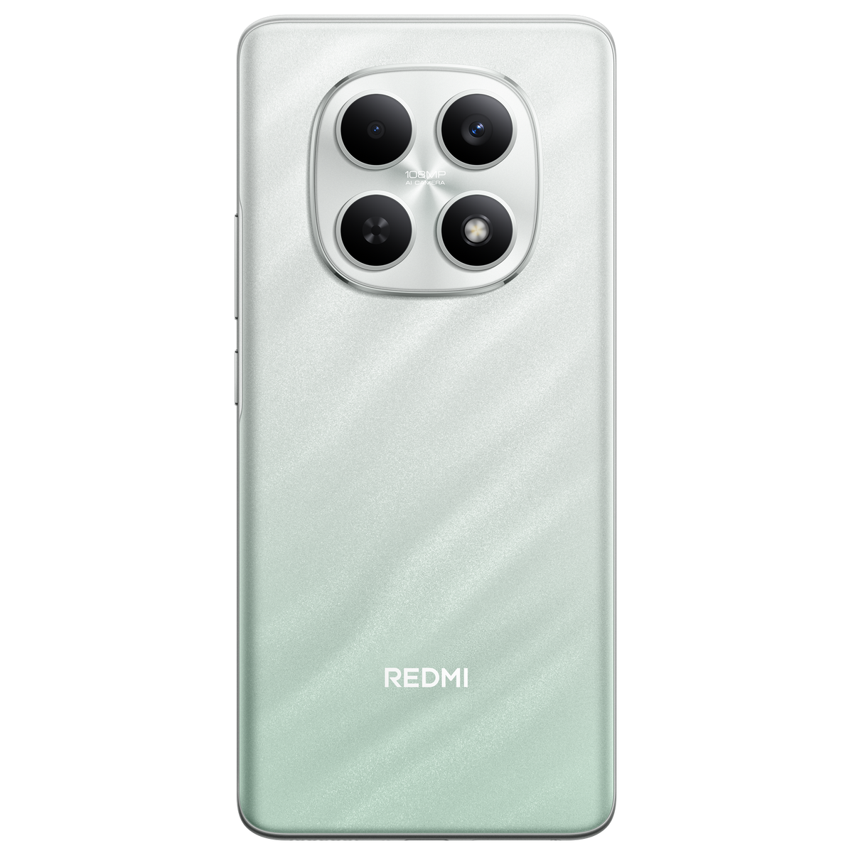 Miętowy zielony smartfon, widok z tyłu, z czterema obiektywami w srebrnym module. Logo Redmi na dole.