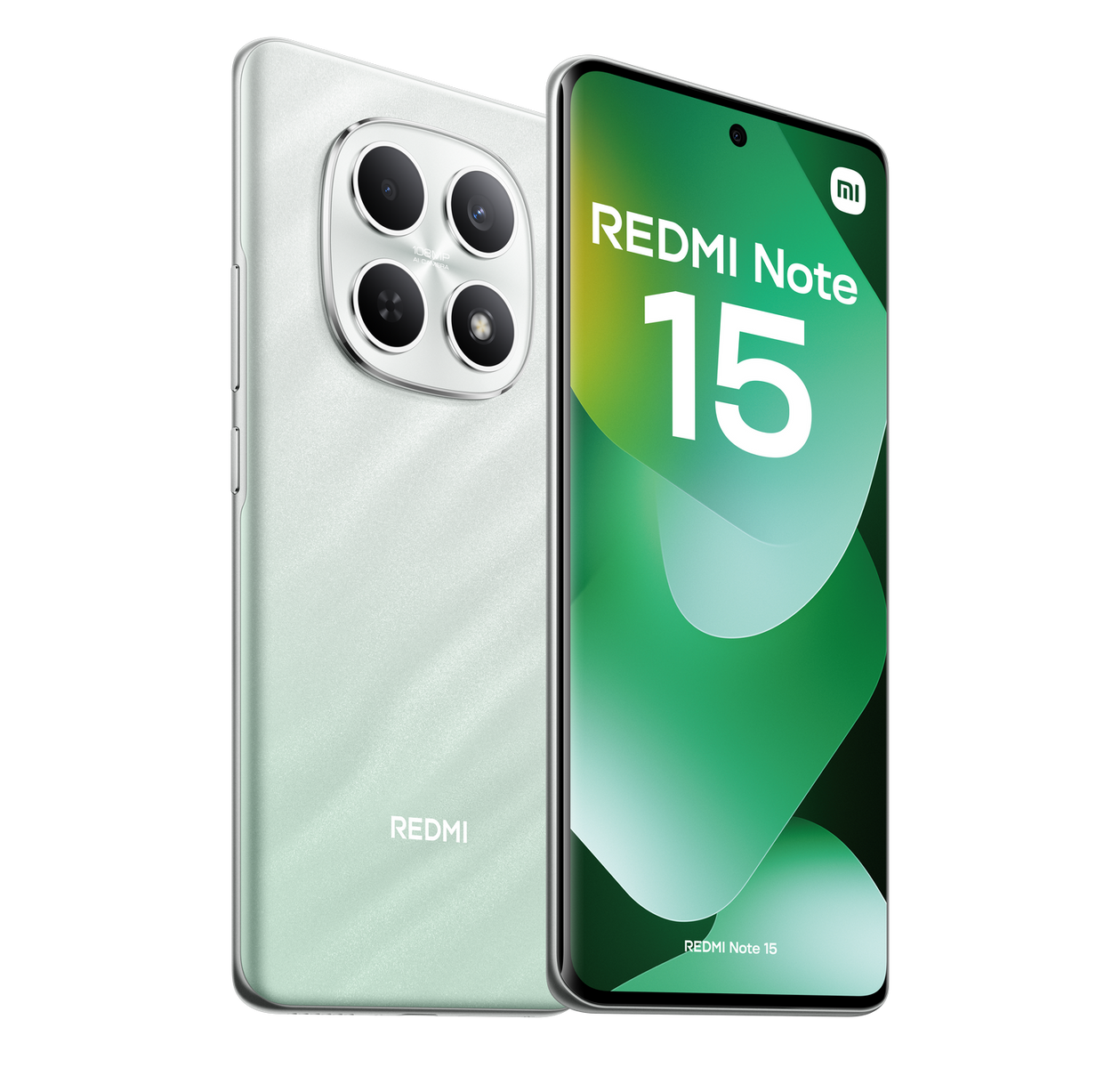 Miętowy zielony telefon Redmi Note 15. Ma zestaw kamer, a ekran wyświetla nazwę i model telefonu.