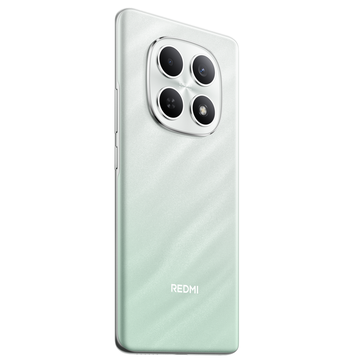 Miętowy zielony smartfon z czterema aparatami w okręgu i logo Redmi. Jest lekko pochylony w prawo.