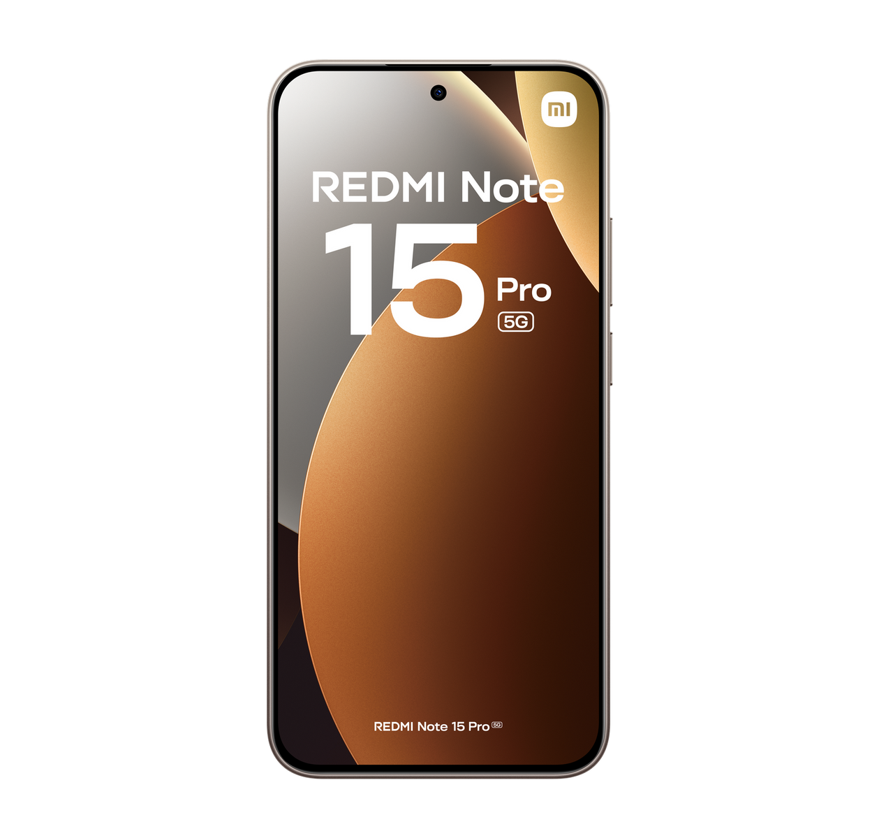 Smartfon na czarnym tle. Ekran wyświetla 'REDMI Note 15 Pro 5G'. Telefon ma złoty i brązowy gradient.