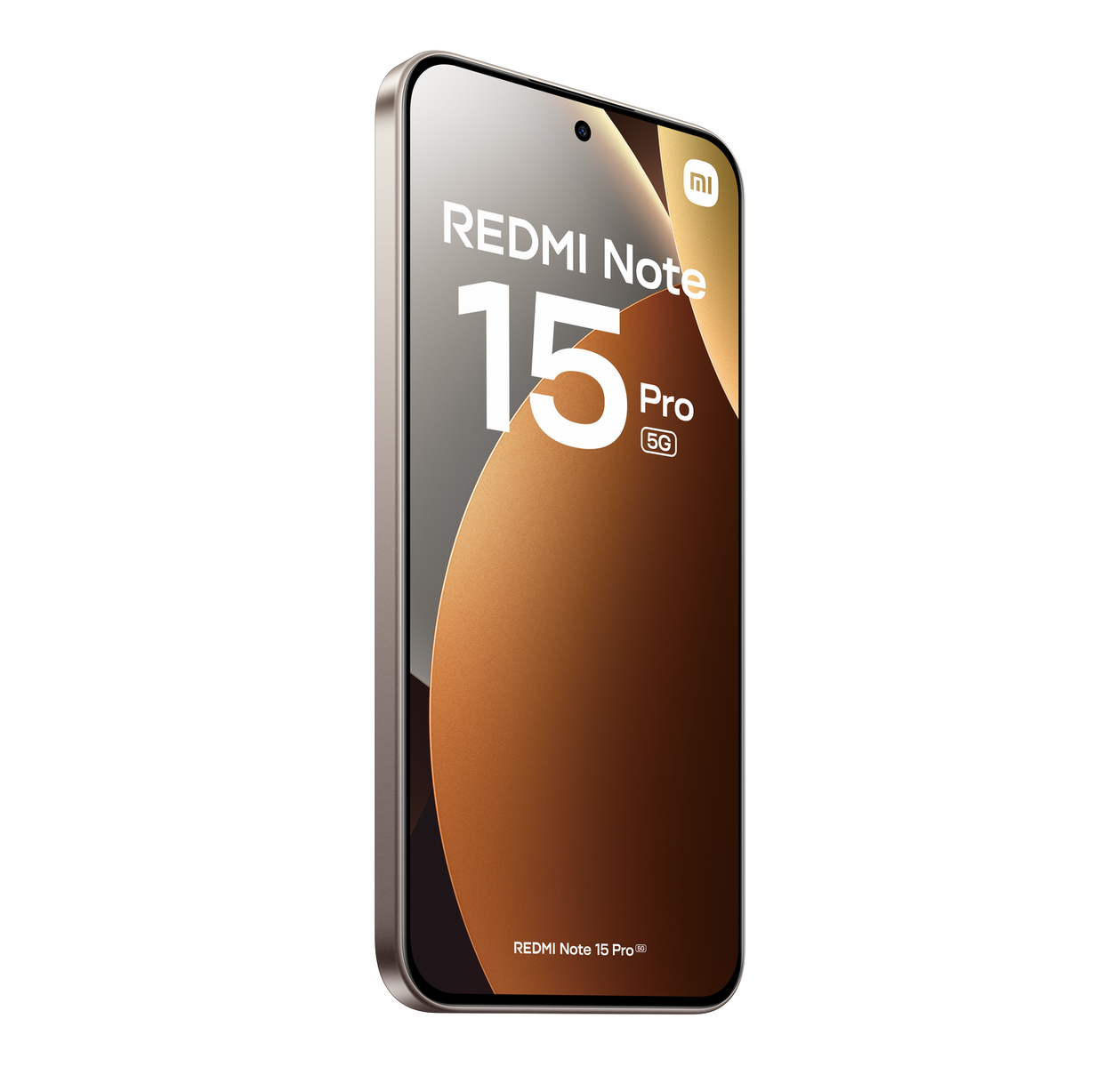 Smartfon z ekranem wyświetlającym "REDMI Note 15 Pro 5G". Telefon jest brązowo-złoty na czarnym tle.