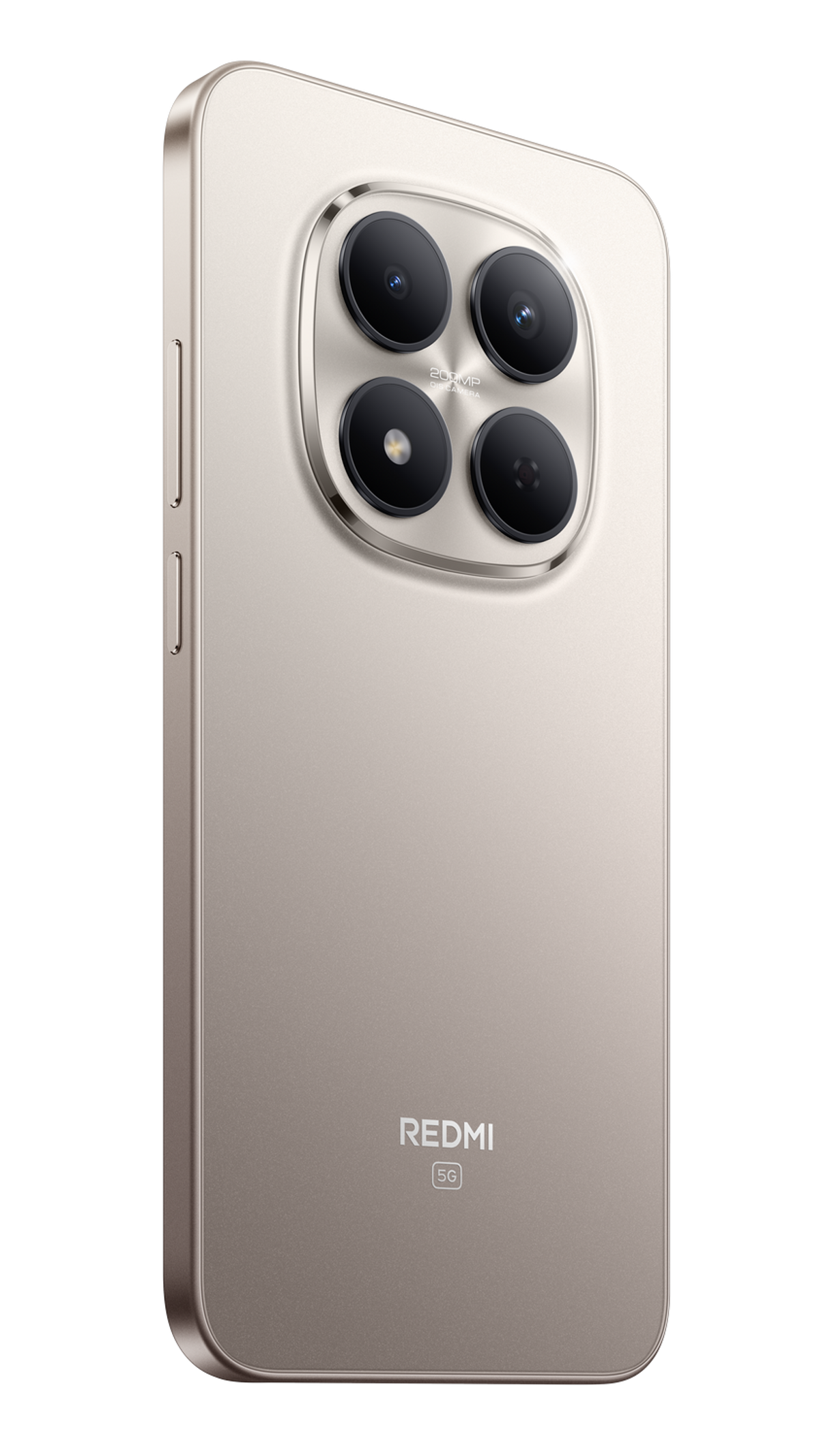 Tył beżowego smartfona z czterema obiektywami aparatu. Widoczne logo Redmi i 5G.