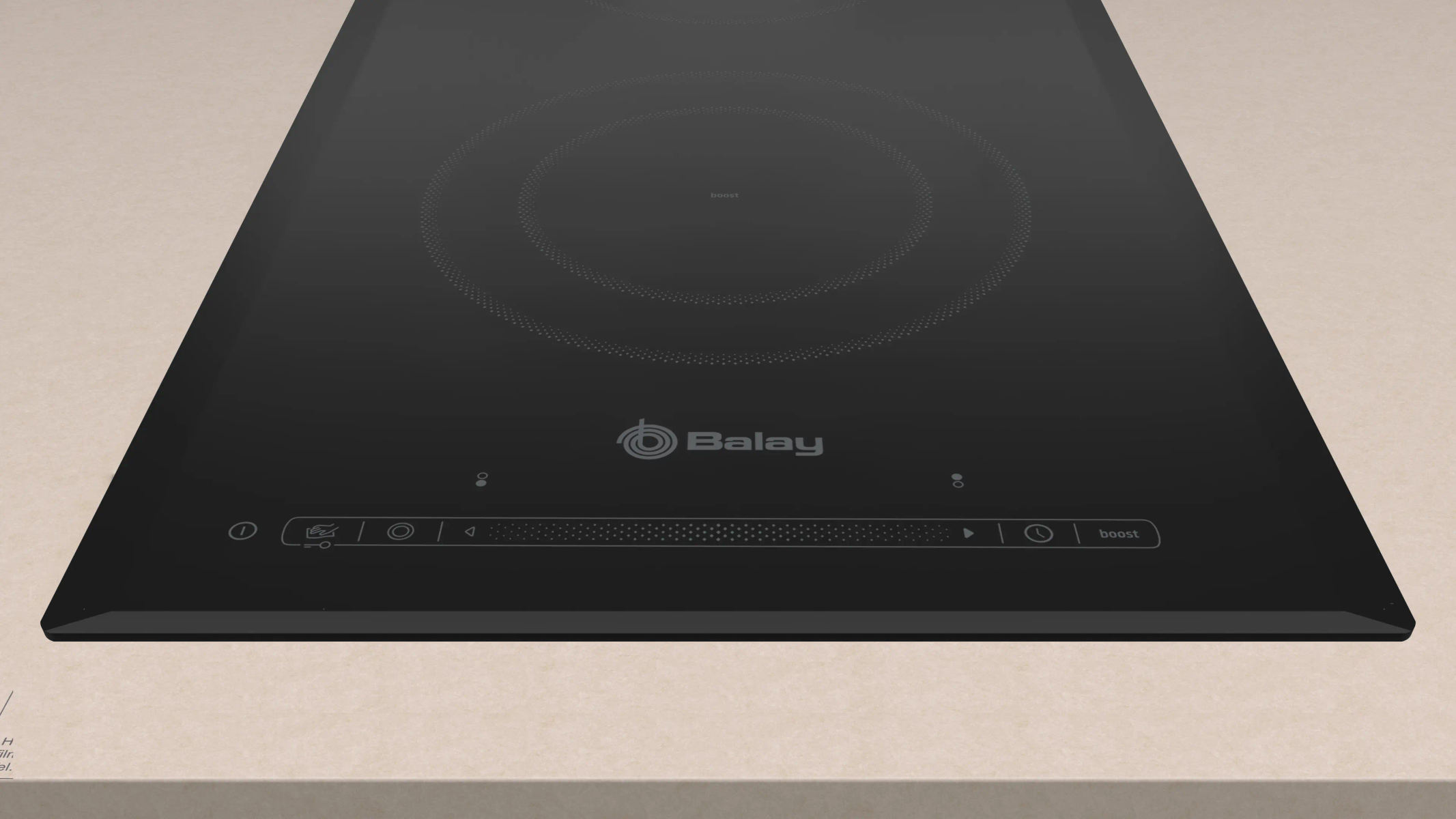 Una placa de inducción Balay negra con dos quemadores y controles táctiles. La placa está sobre una encimera beige.