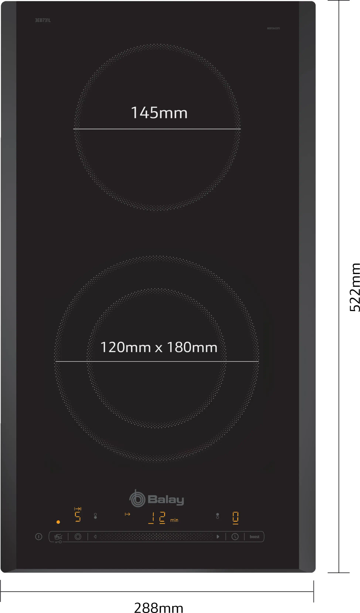 Placa de inducción Balay negra con dos zonas de cocci ón, dimensiones etiquetadas. Muestra 145 mm y 120 mm x 180 mm. 288 mm de ancho y 522 mm de alto.