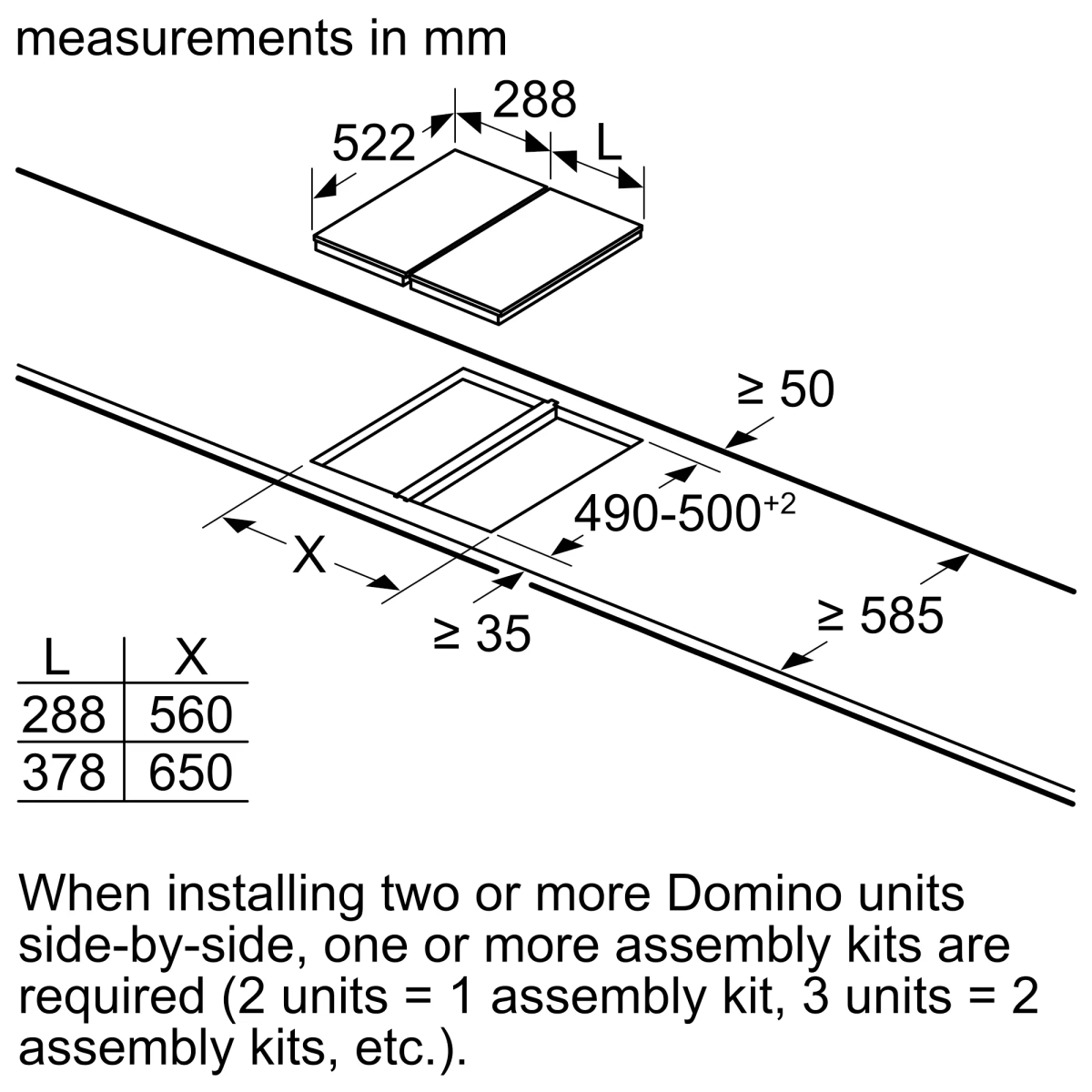 Diagrama muestra medidas en mm para instalar unidades Domino. Incluye dimensiones para L y X, y texto sobre kits de montaje.