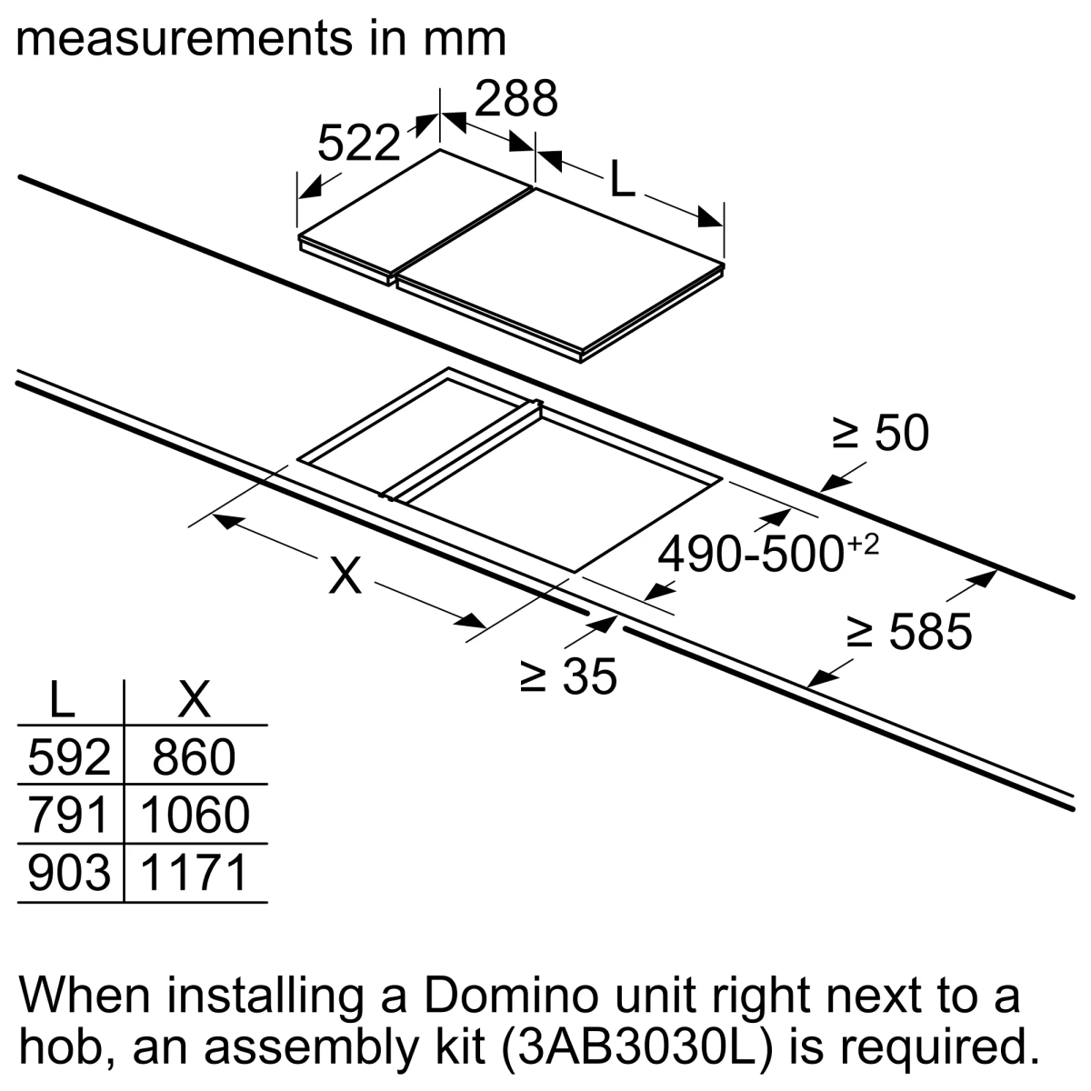 El diagrama muestra medidas en mm para la instalación de una unidad Domino. Se proporcionan las dimensiones L, X, junto con los requisitos mínimos.