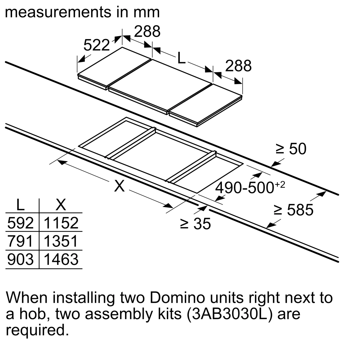 Diagrama muestra medidas en mm para instalar dos unidades Domino. Incluye dimensiones y etiquetas. Una nota sobre los kits de montaje.