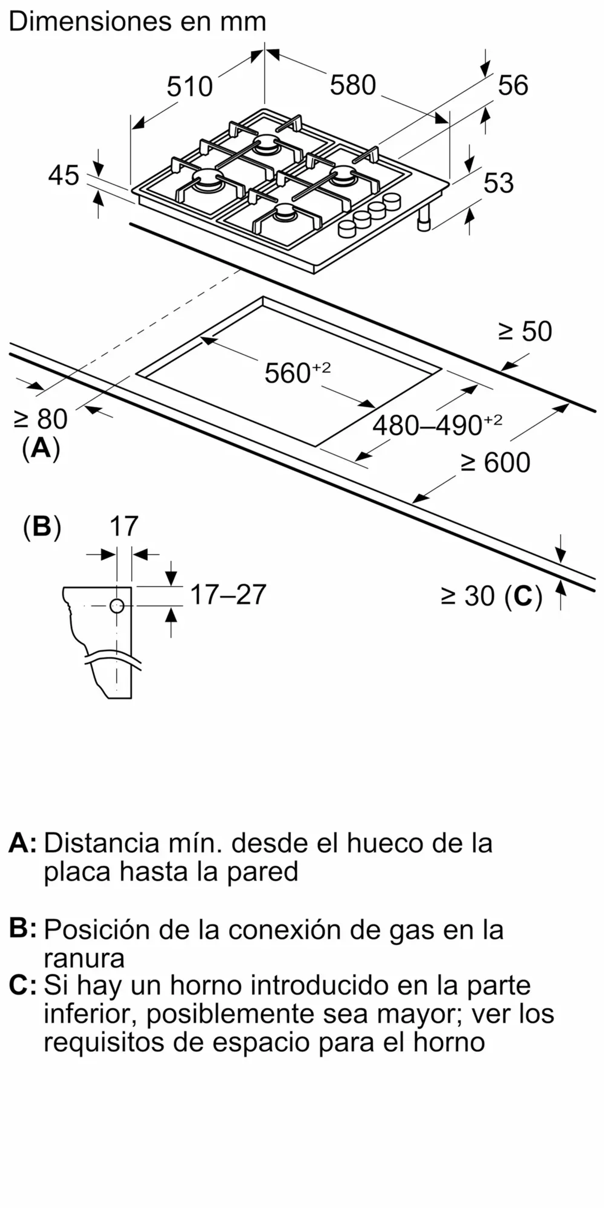 Schema di un piano cottura a gas con dimensioni in mm, comprese le dimensioni del foro e le distanze minime.