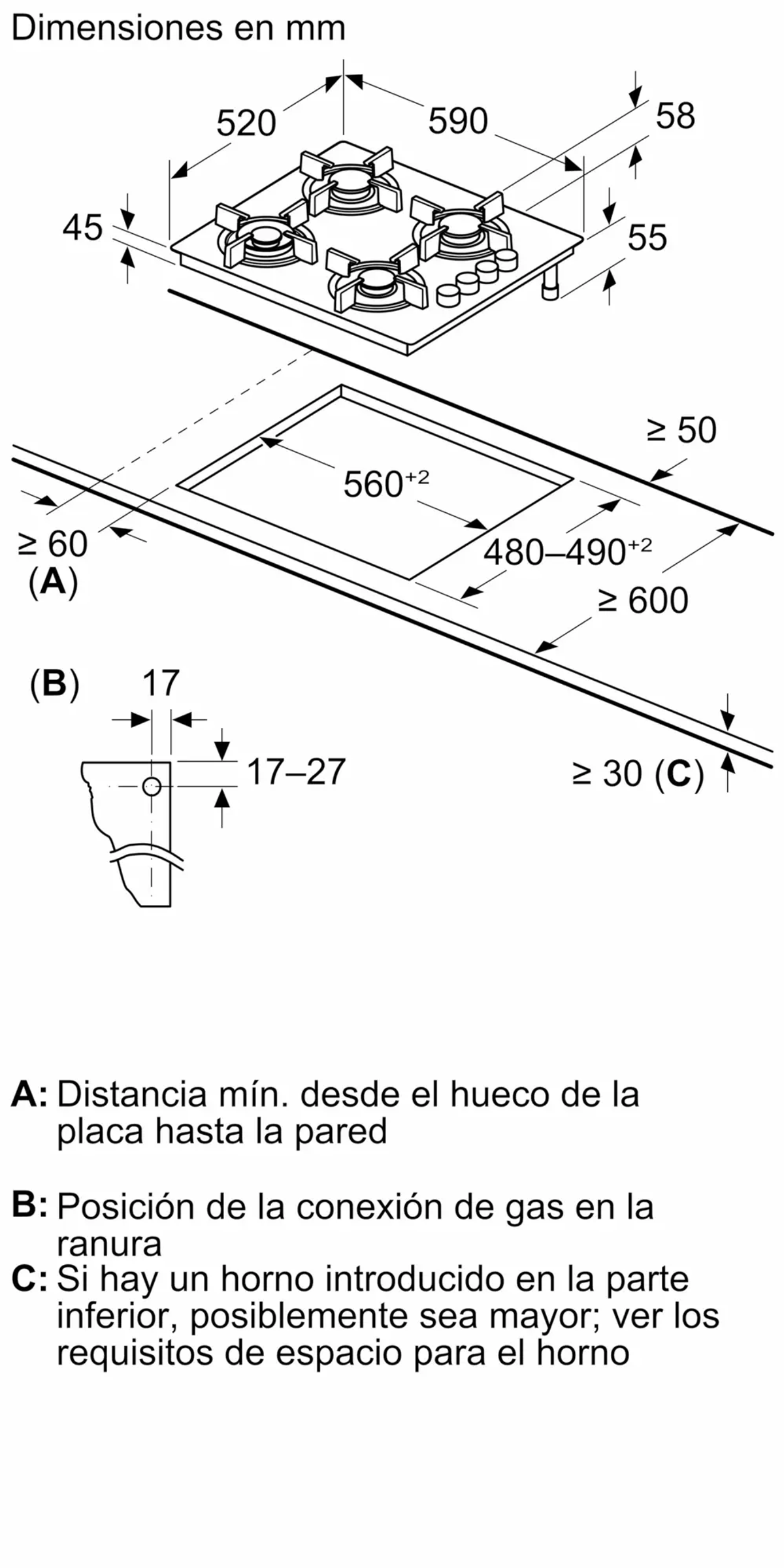 Schema di un piano cottura con dimensioni in mm, con piano cottura, incasso e sezioni etichettate per l'installazione.