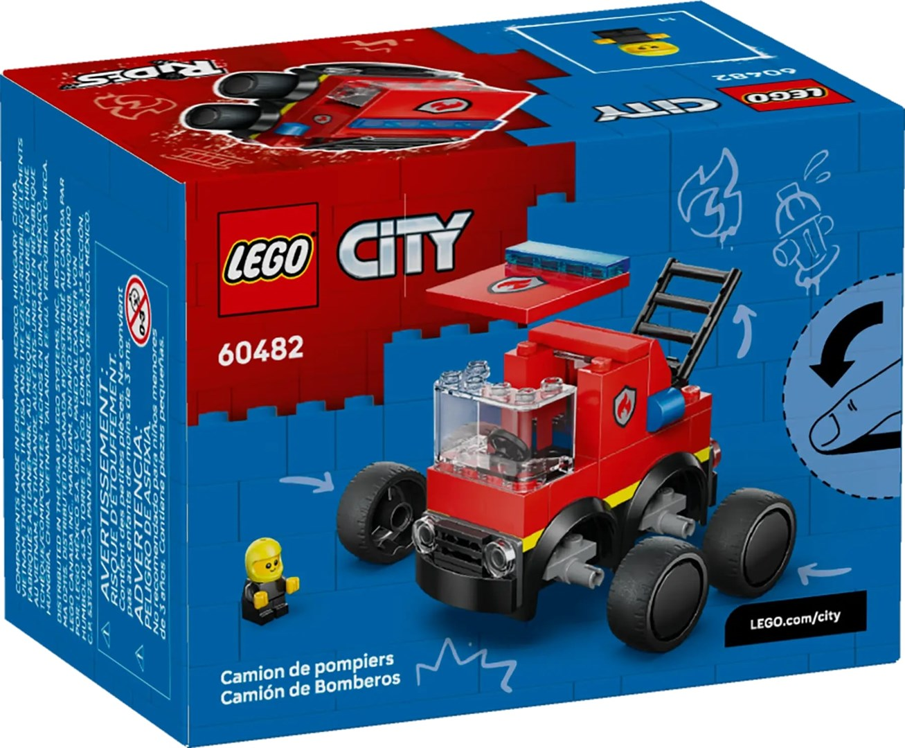 Pudełko Lego City. Pokazano czerwoną zabawkę wóz strażacki. Widać minifigurkę i szczegóły pudełka.