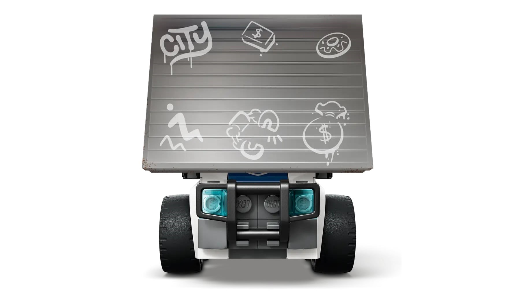 Widok z przodu zabawkowego wozu. Wóz ma metalowy dach z graffiti i czarny zderzak. Koła są czarne, a światła niebieskie.