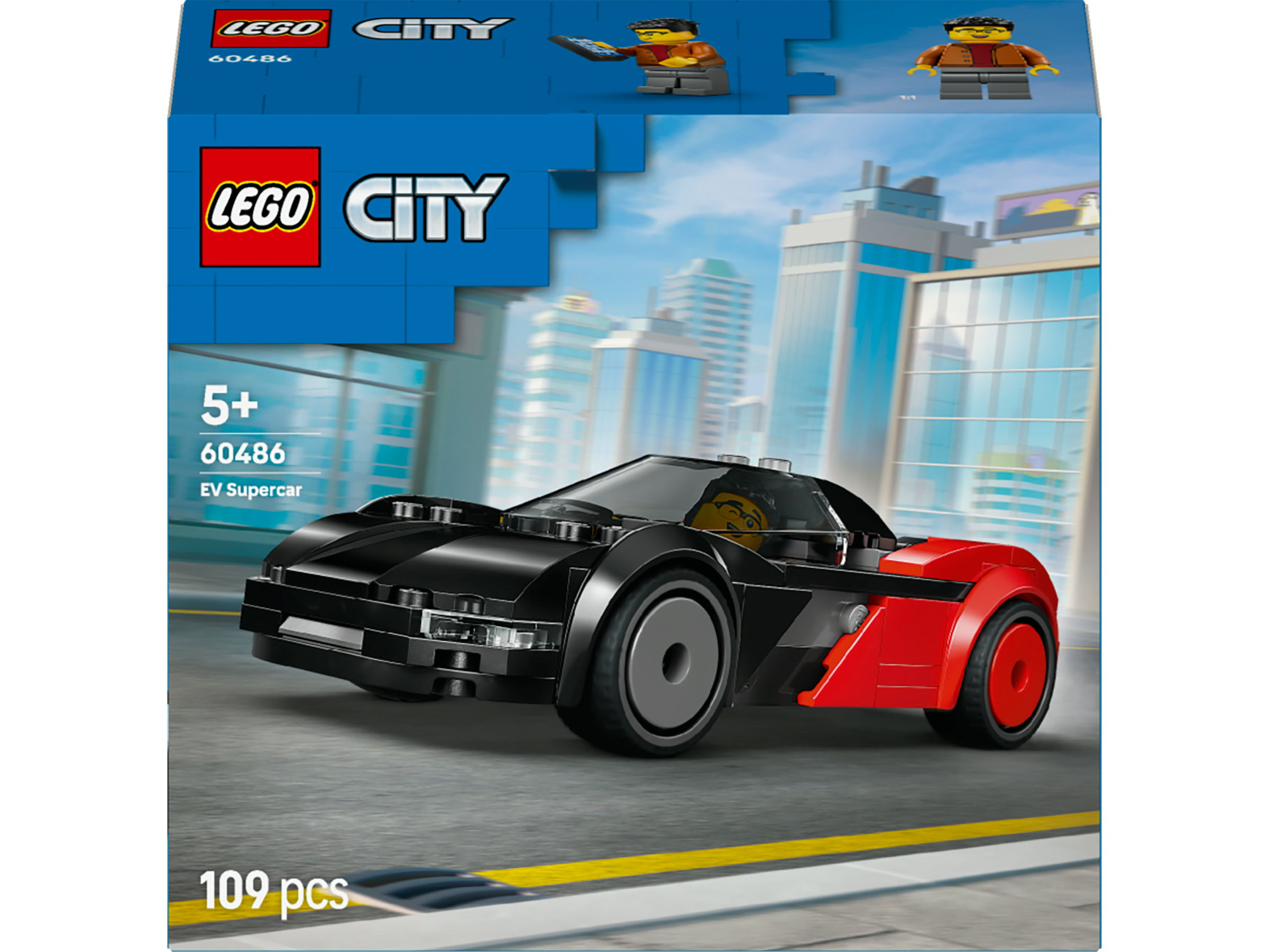 Pudełko Lego City EV Supercar. Czarny samochód z czerwonymi akcentami. Zawiera minifigurkę i tło miasta.
