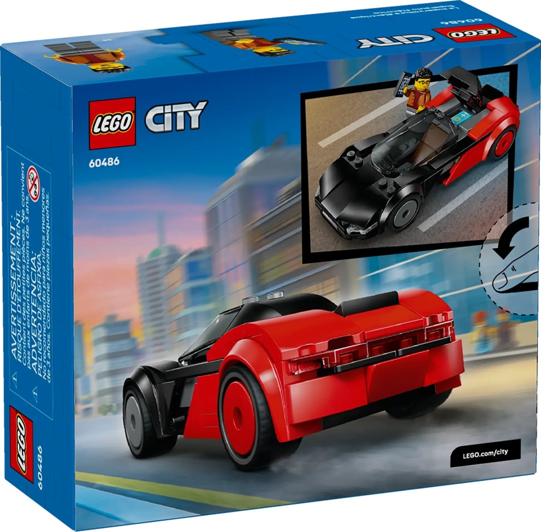 Pudełko Lego City. Przedstawiono czerwono-czarny samochód sportowy z minifigurką na górze. Tłem jest sceneria miejska.