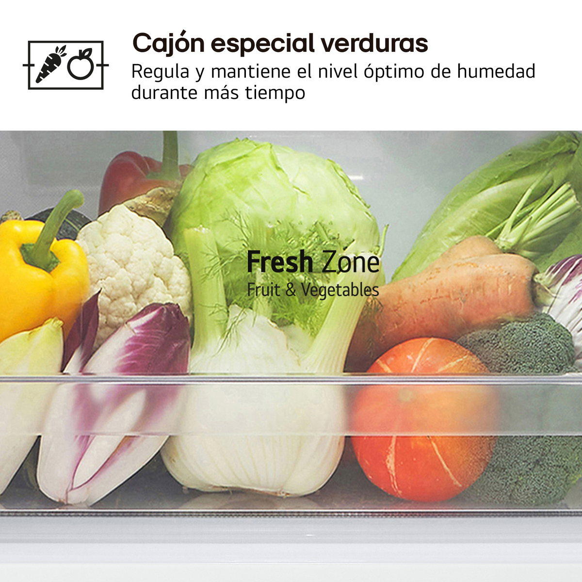 Un cajón de refrigerador lleno de verduras coloridas: pimiento amarillo, coliflor, hinojo, zanahoria, brócoli y achicoria roja.