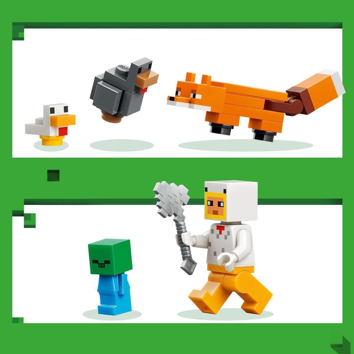 Zestaw Lego Minecraft: kurczak, wilk, lis, zombie i osoba w kostiumie kurczaka z bronią.