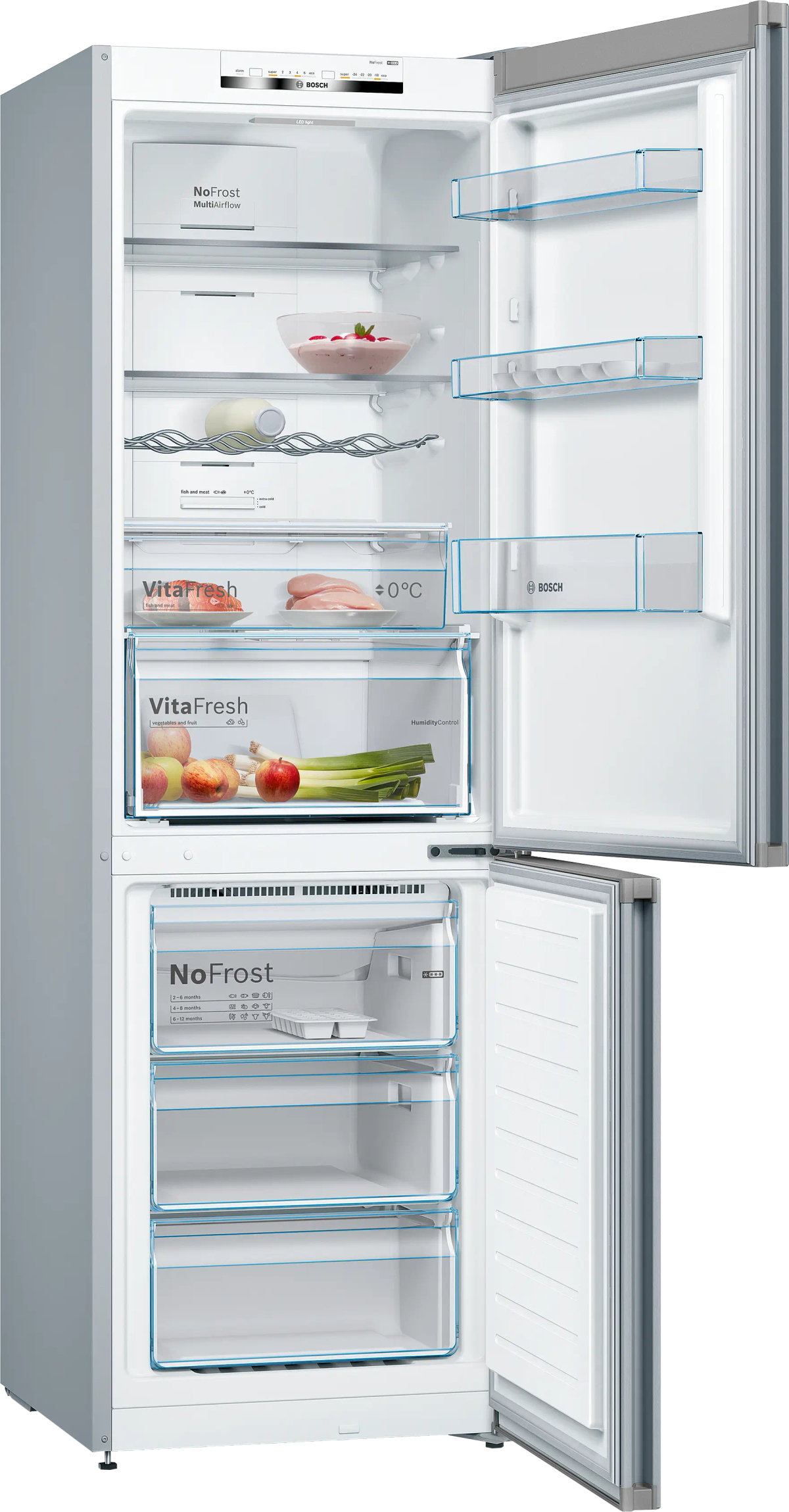 Un frigorifero Bosch con ante aperte, che mostra ripiani, cassetti e contenuti come frutta, verdura e carne.
