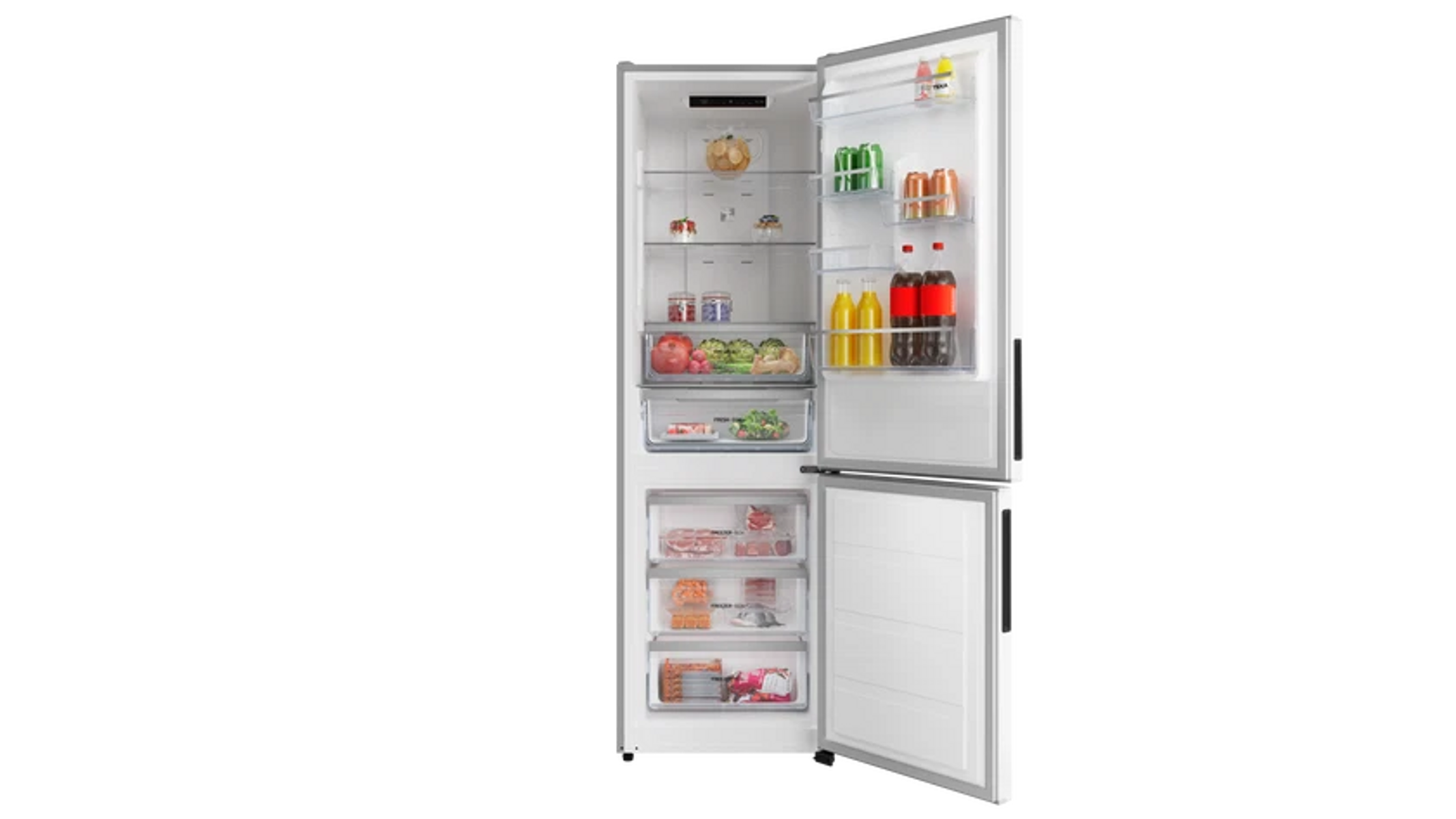 Offener Kühlschrank mit Inhalt: Obst, Gemüse, Getränke und Tiefkühlkost. Regale und Schubladen sind sichtbar.