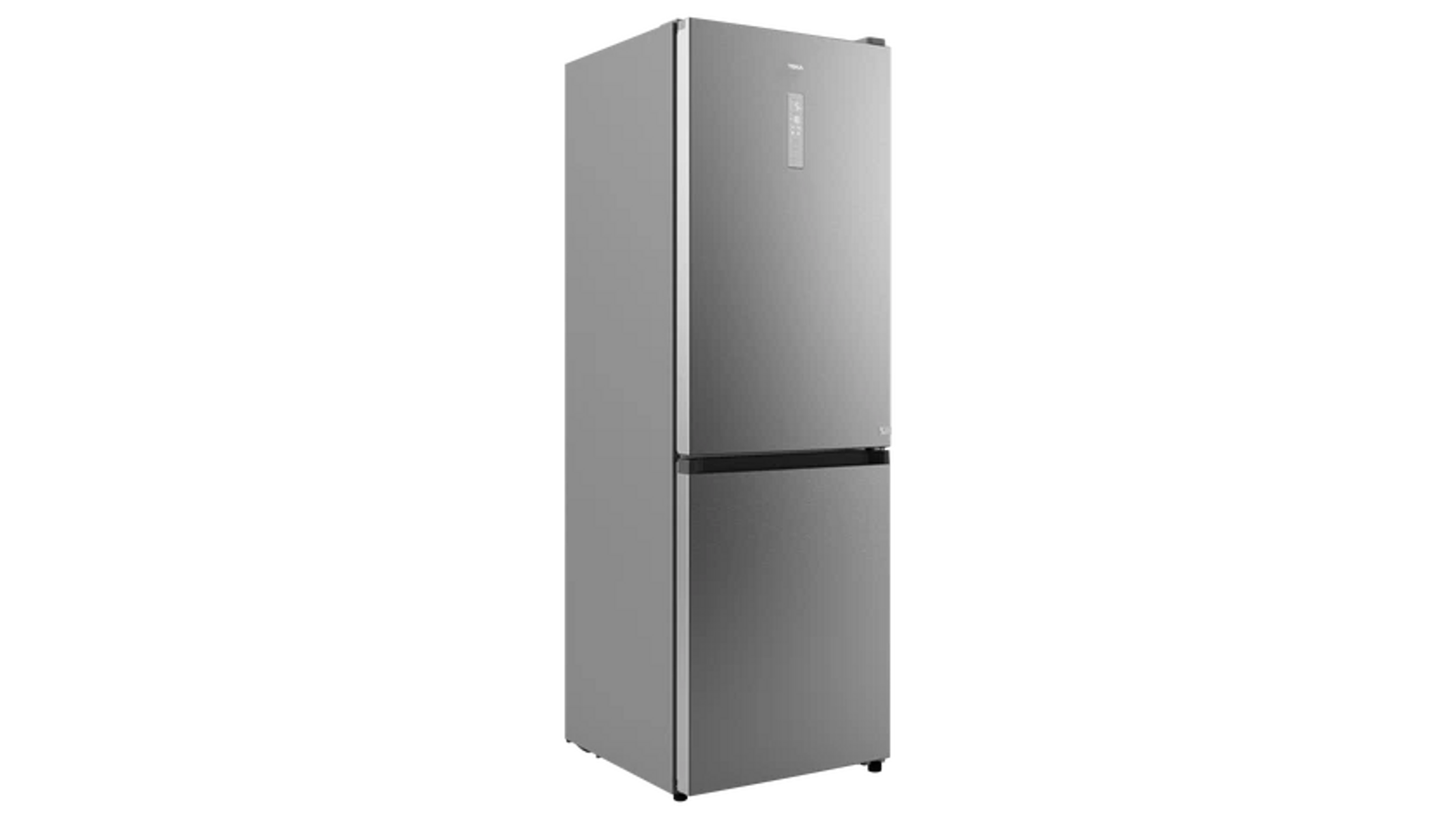 Un refrigerador moderno de acero inoxidable sobre fondo negro. Tiene dos puertas y una pantalla digital.