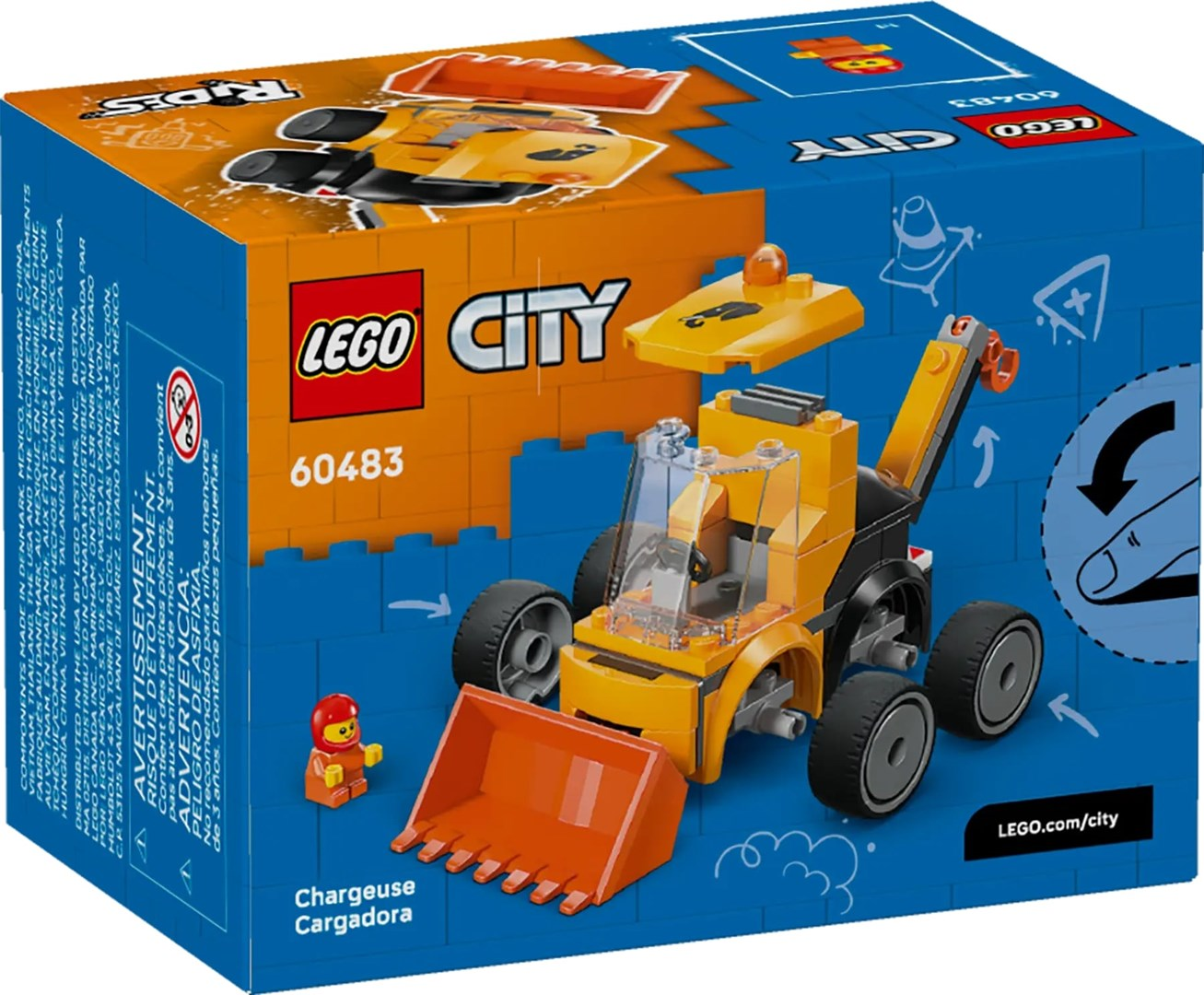 Pudełko Lego City przedstawia żółto-czarną ładowarkę czołową i minifigurkę Lego.