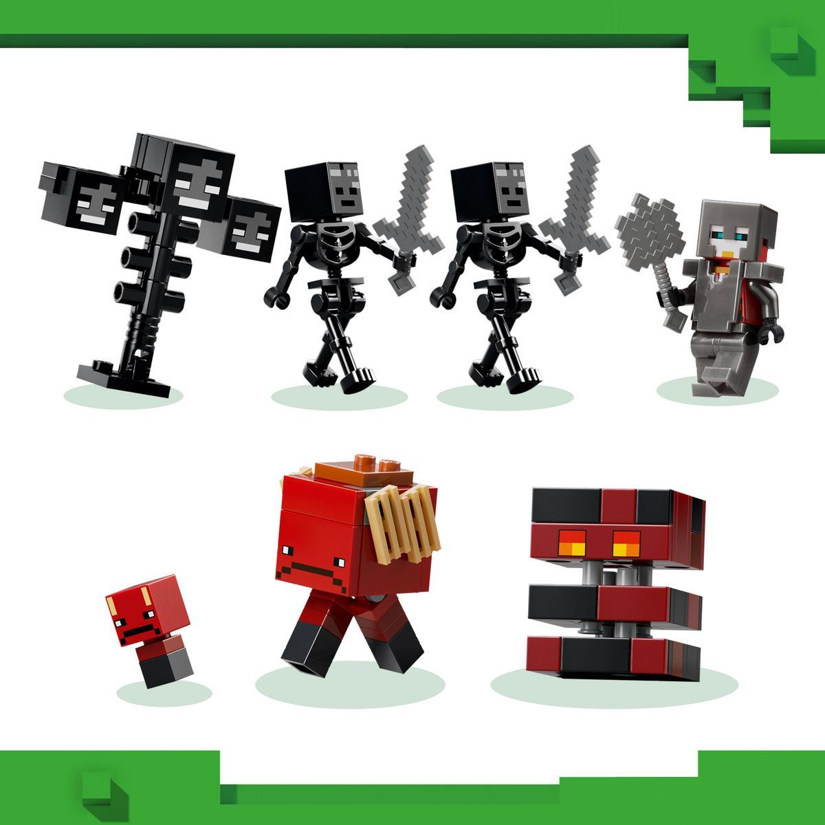 Figurki Minecraft: Wither, szkielety z mieczami, zombie, kostka magmy, ghast i mała czerwona figurka.