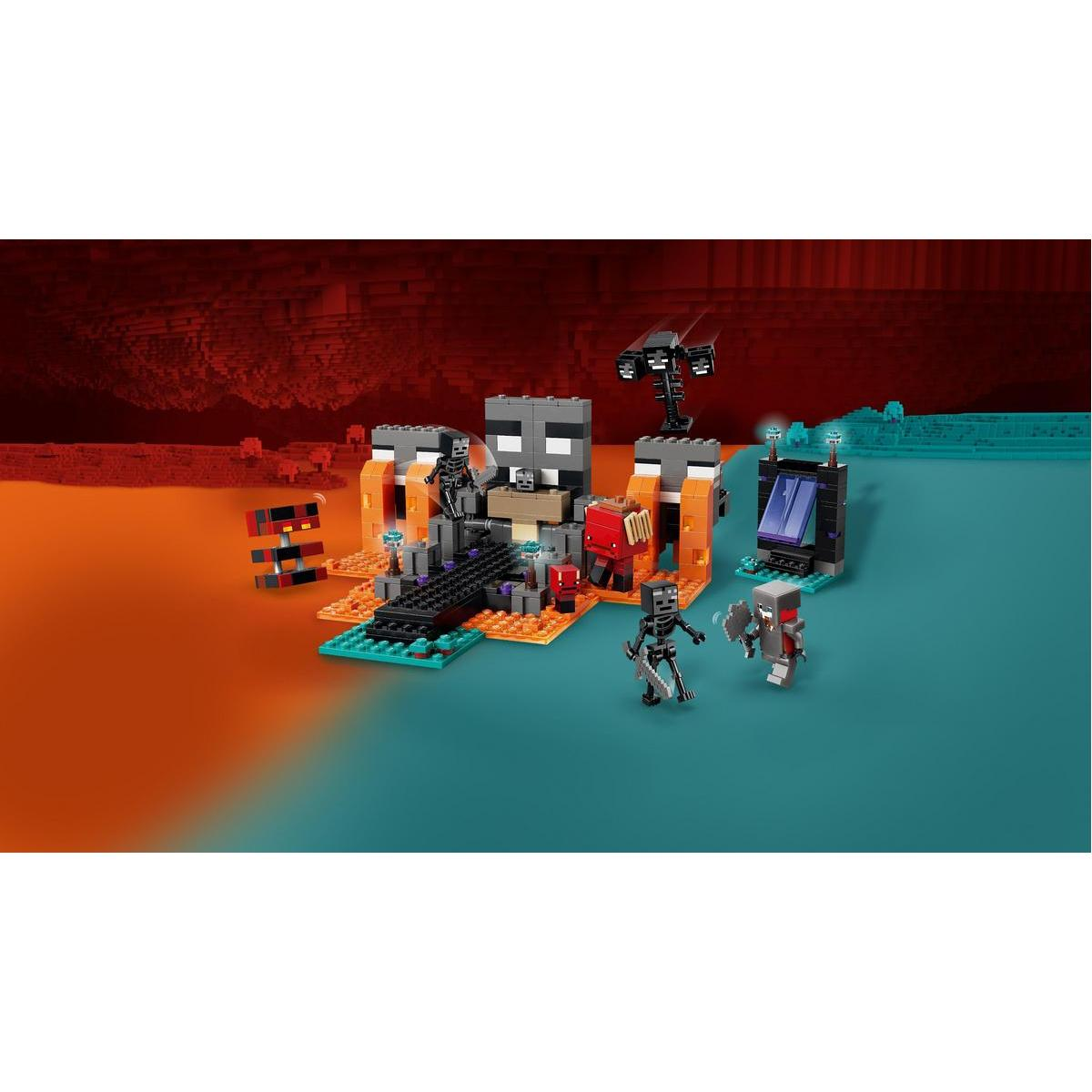 Zestaw Lego Minecraft z postaciami i strukturami na dwutonowym tle, pomarańczowym i niebieskim. Postacie obejmują szkielety i wither.