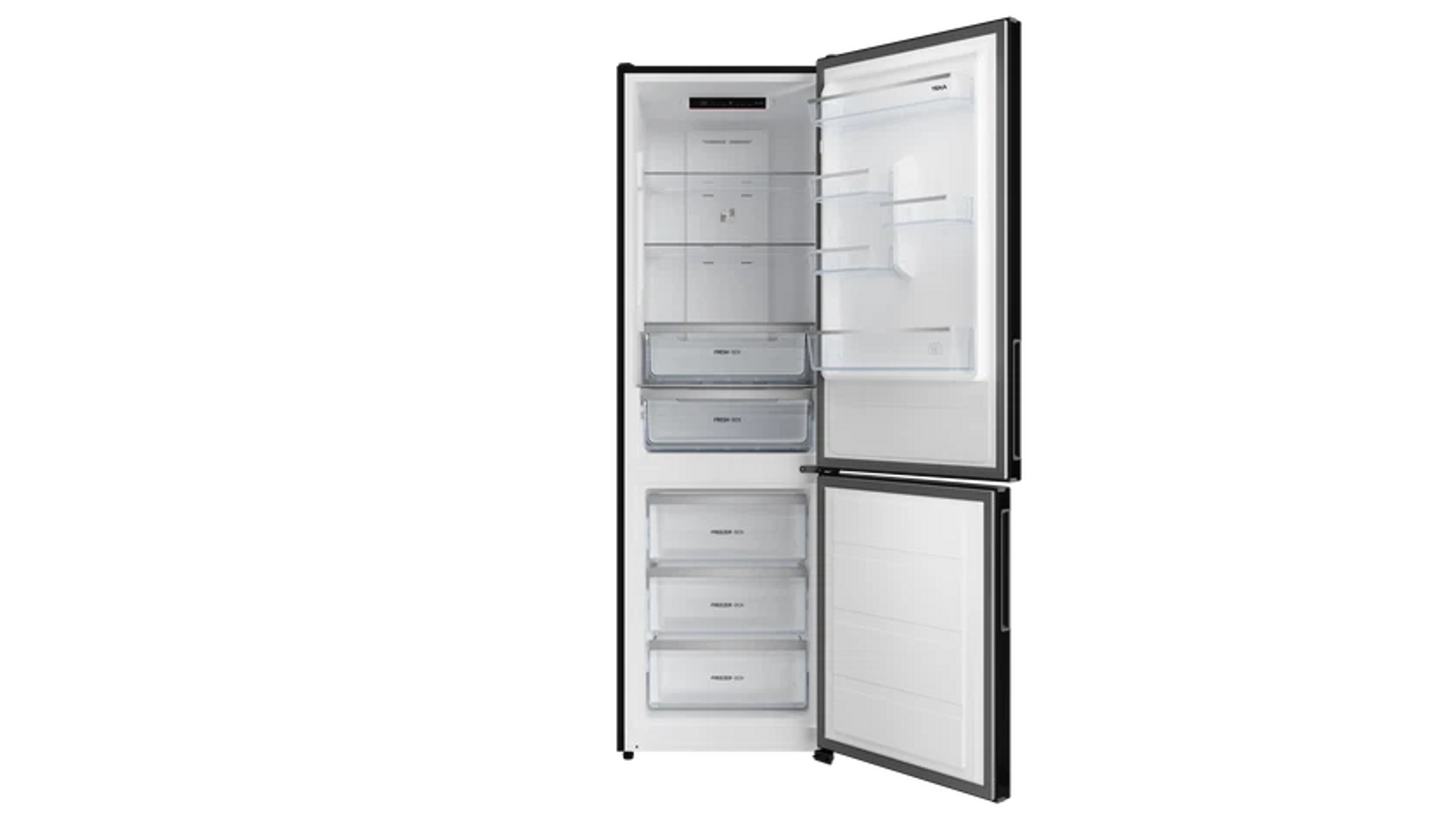 Refrigerador abierto que muestra compartimentos interiores. Incluye estantes, cajones y secciones de congelador. Exterior negro, interior blanco.