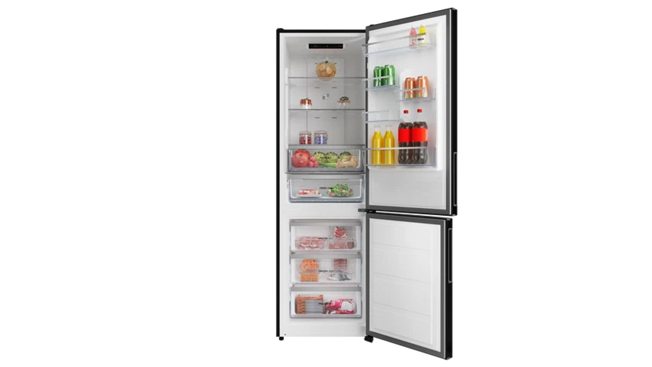 Refrigerador abierto mostrando contenido: bebidas, frutas, verduras y congelados. Exterior negro, interior blanco.