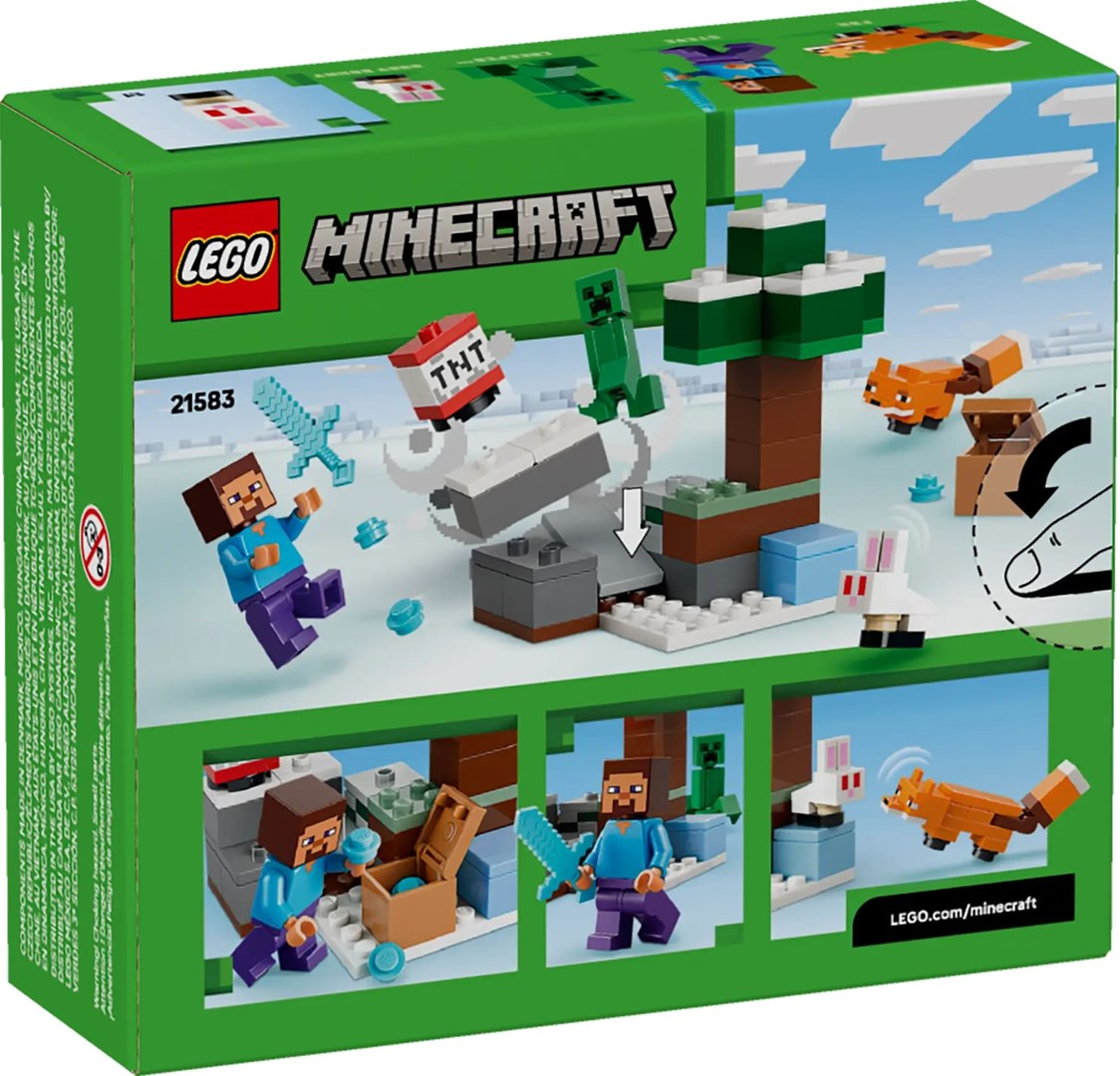Pudełko LEGO Minecraft przedstawia scenę z postaciami, TNT, creeperem, drzewem, lisem i królikiem, na zaśnieżonym krajobrazie.