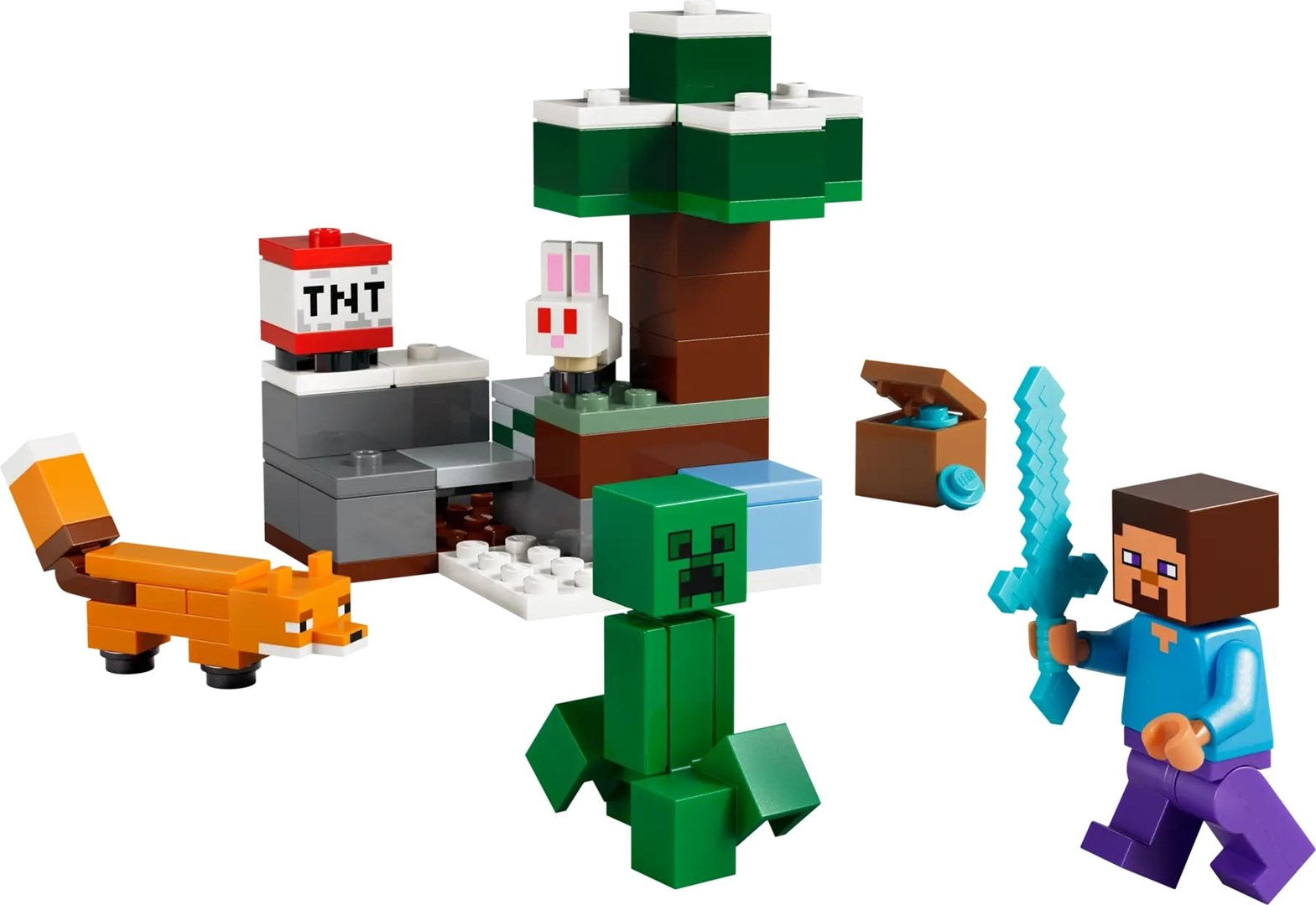 Zestaw Lego Minecraft z lisem, TNT, creeperem, Stevem, drzewem, królikiem, skrzynią i niebieskim mieczem.