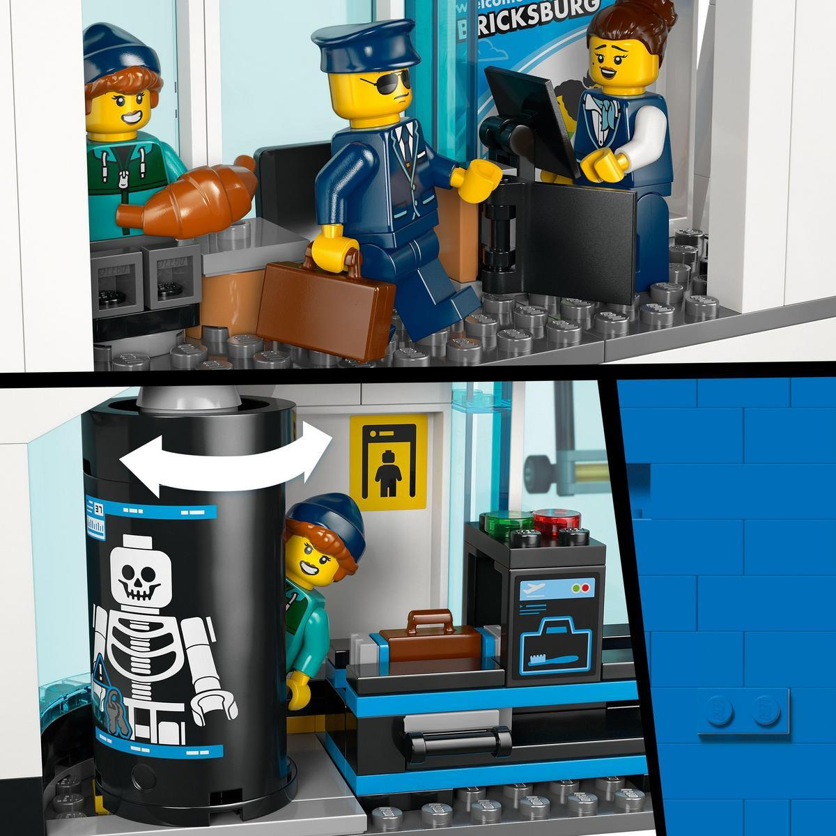 Scena lotniska Lego: figurki z bagażem, szkielet i sprzęt zabezpieczający. Kolory: niebieski, brązowy, czarny i żółty. Znak mówi Ricksburg.