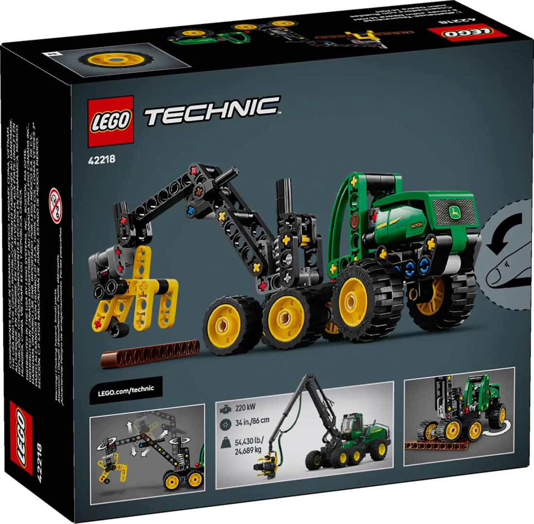 Pudełko zestawu Lego Technic. Zielony i czarny traktor z żurawiem. Widoczne są żółte koła i części żurawia.