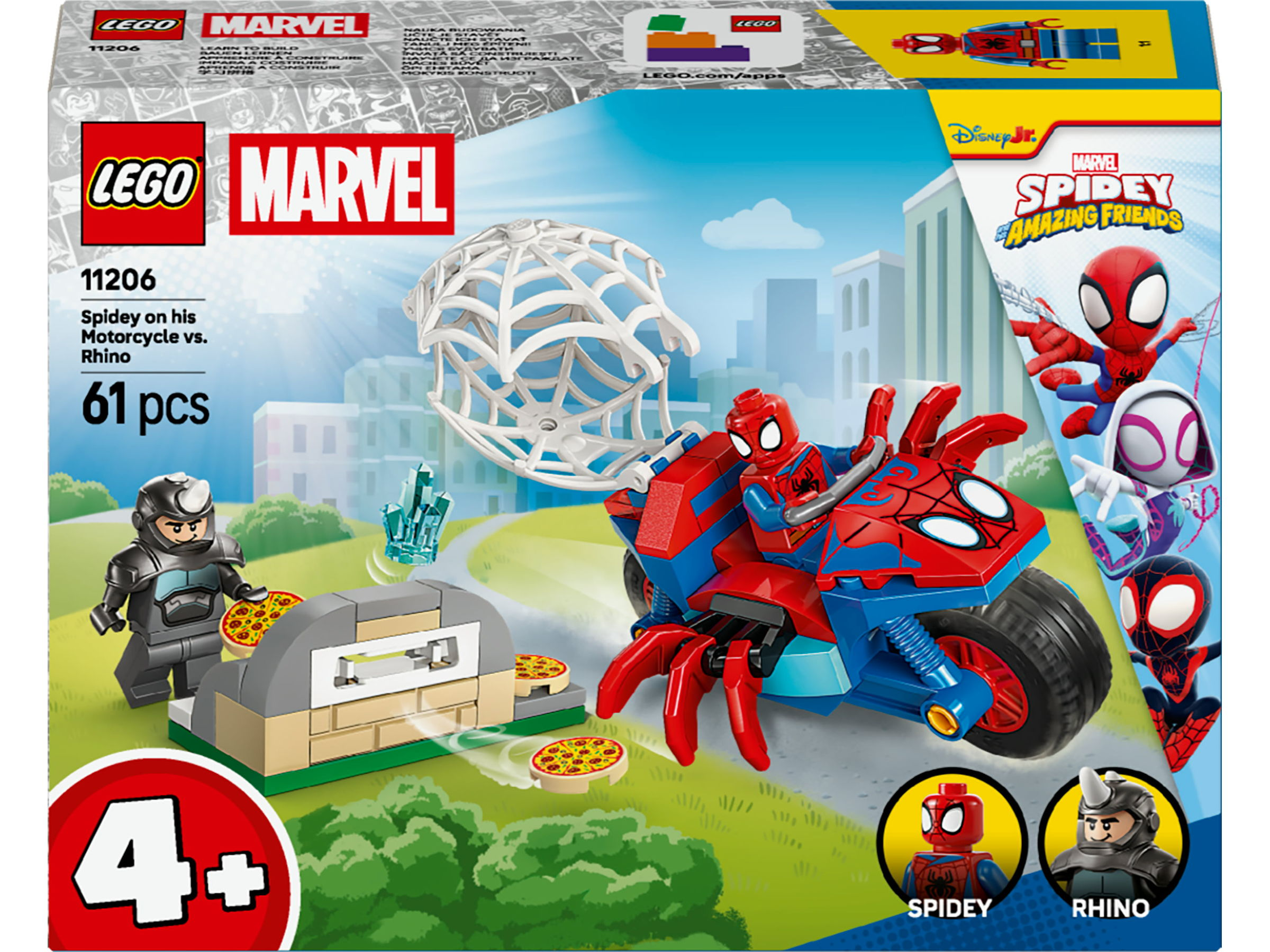 Zestaw Lego przedstawia Spidey'a na czerwono-niebieskim motocyklu, Rhino i strukturę pajęczyny z pizzą. W tle budynki.