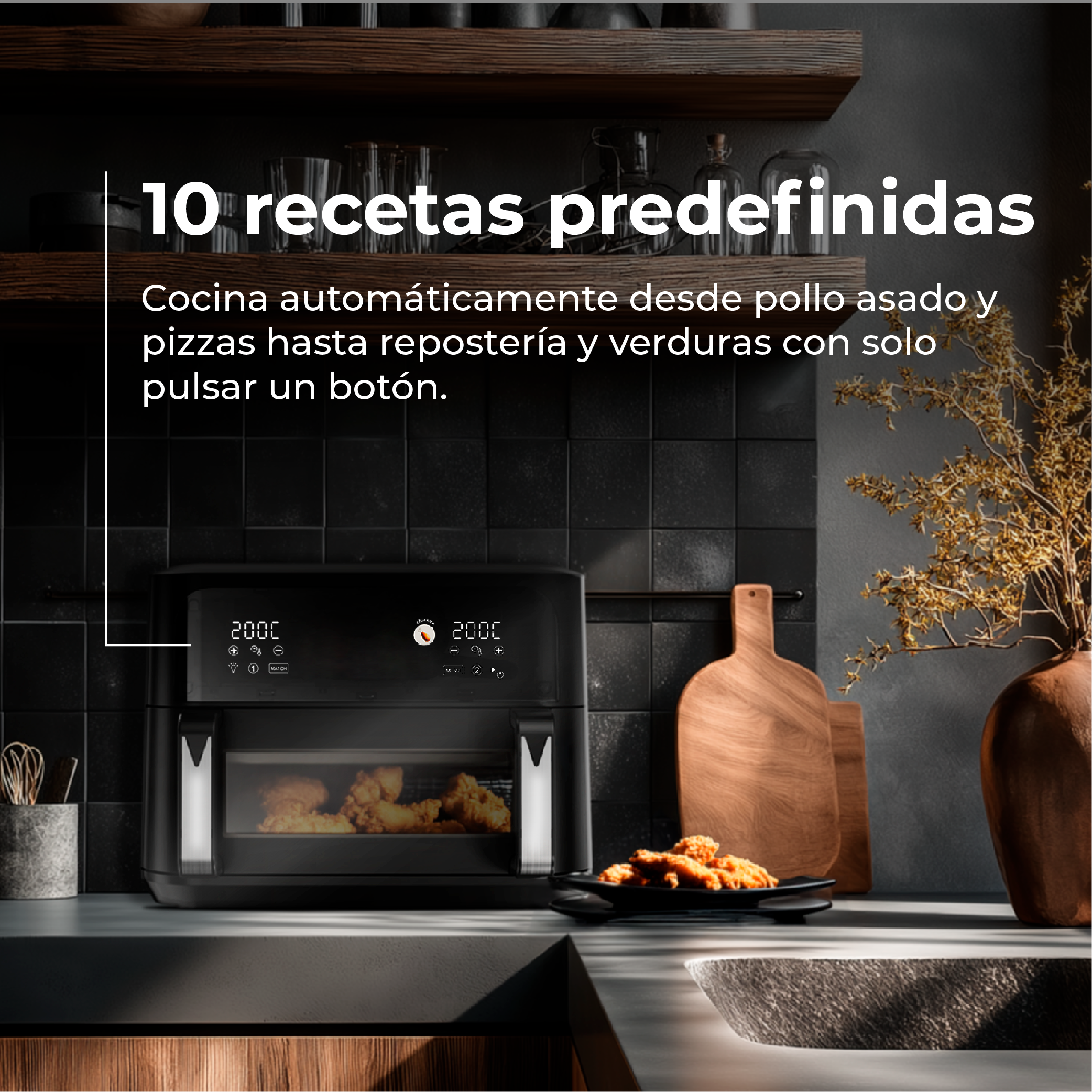 Una friggitrice ad aria con ricette preimpostate, mostrata con cibo all'interno. Include taglieri, un vaso e testo.