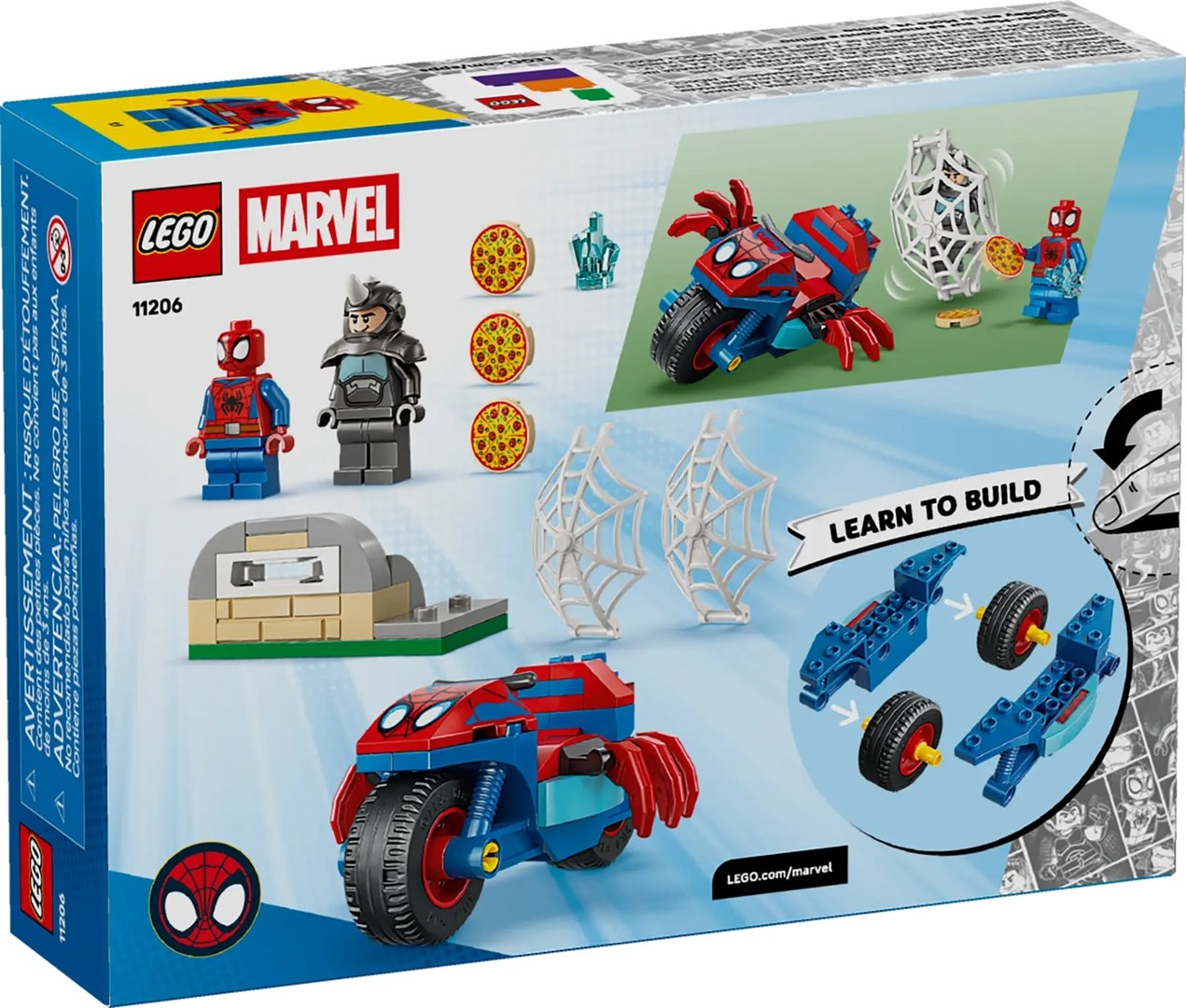 Pudełko LEGO Marvel. Wyświetla figurki Spider-Mana, motocykl, kawałki pizzy i instrukcje budowania. Pudełko jest niebiesko-czerwone.