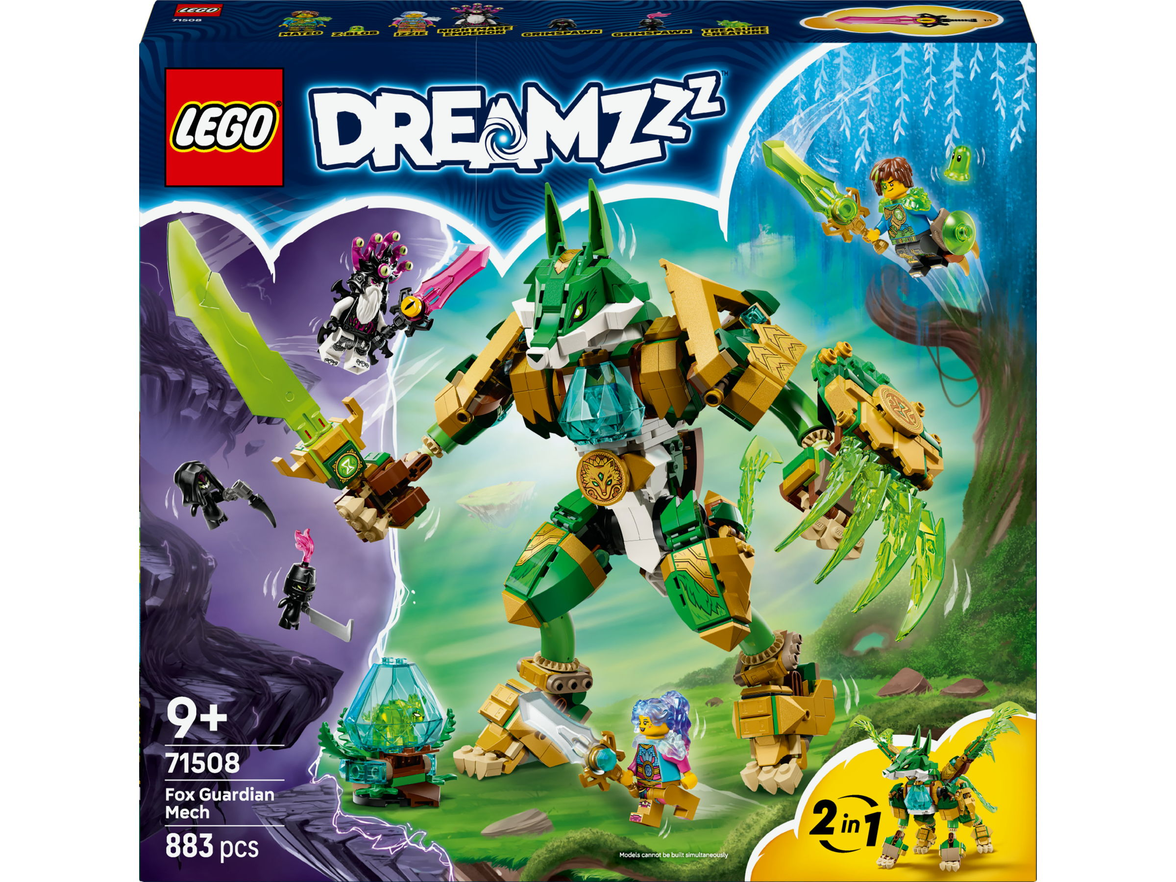 Pudełko zestawu Lego Dreamzzz. Przedstawiony jest zielony mech lisa. Obecne są również inne postacie, w tym wojownik i ciemna postać.
