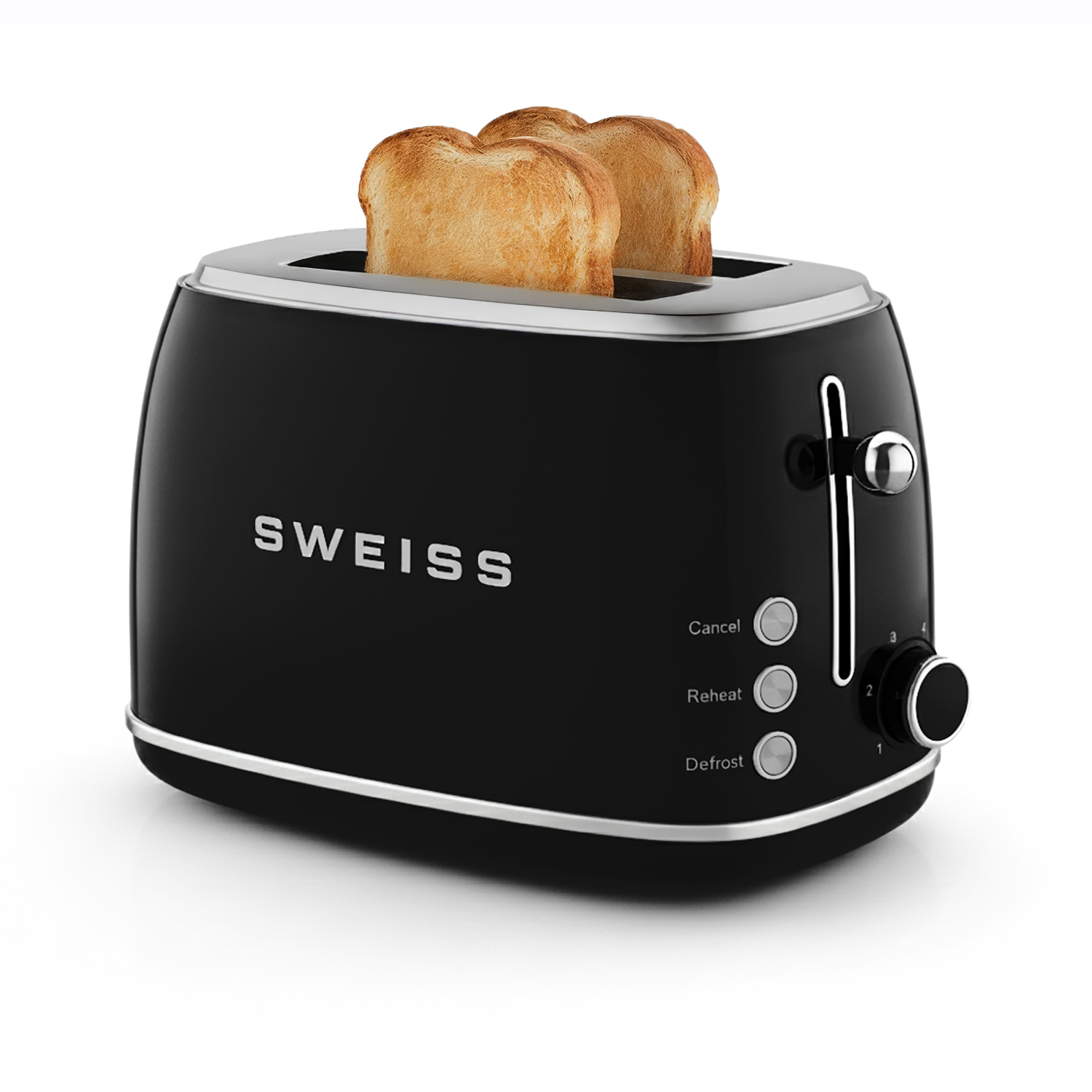 Ein schwarzer Toaster mit zwei Toastscheiben. Er hat Tasten für Abbrechen, Aufwärmen und Auftauen. Die Marke ist Sveiss.