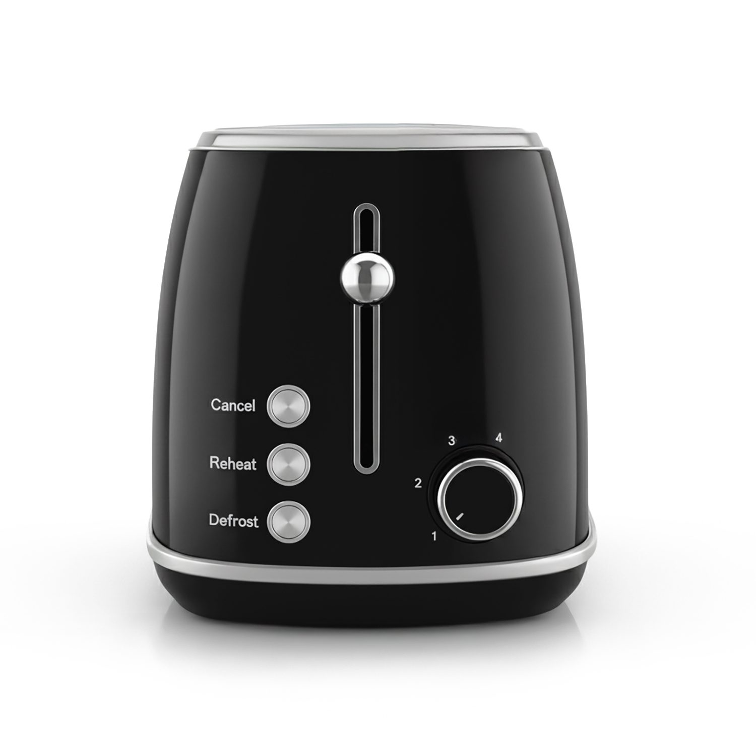 Ein schwarzer Toaster mit silbernen Akzenten. Er hat Knöpfe für Abbrechen, Aufwärmen und Auftauen sowie einen Drehregler.