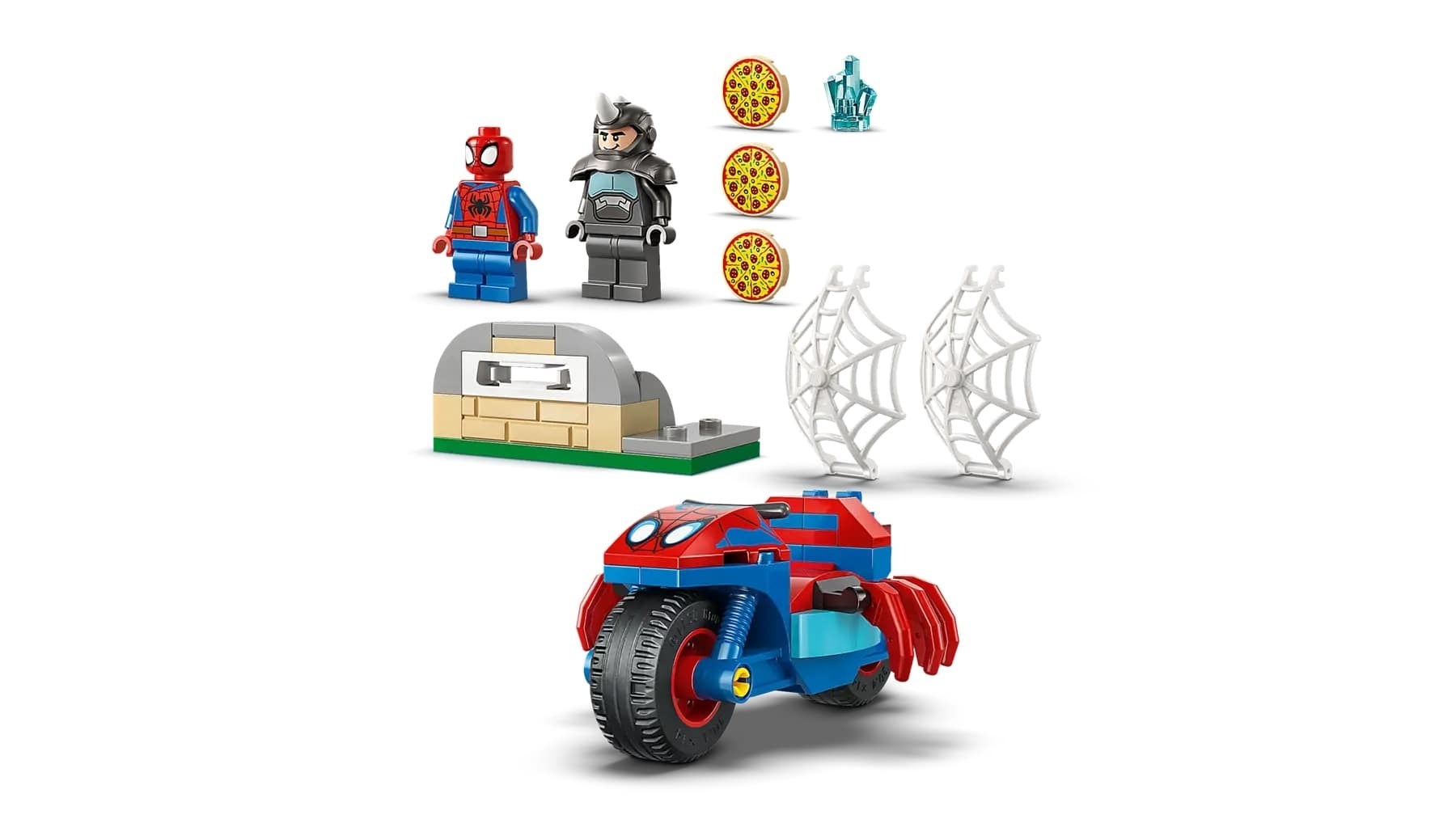 Zestaw Lego z figurkami Spider-Mana, figurką Rhino, kawałkami pizzy, elementami pajęczyny i motocyklem Spider-Mana na białym tle.