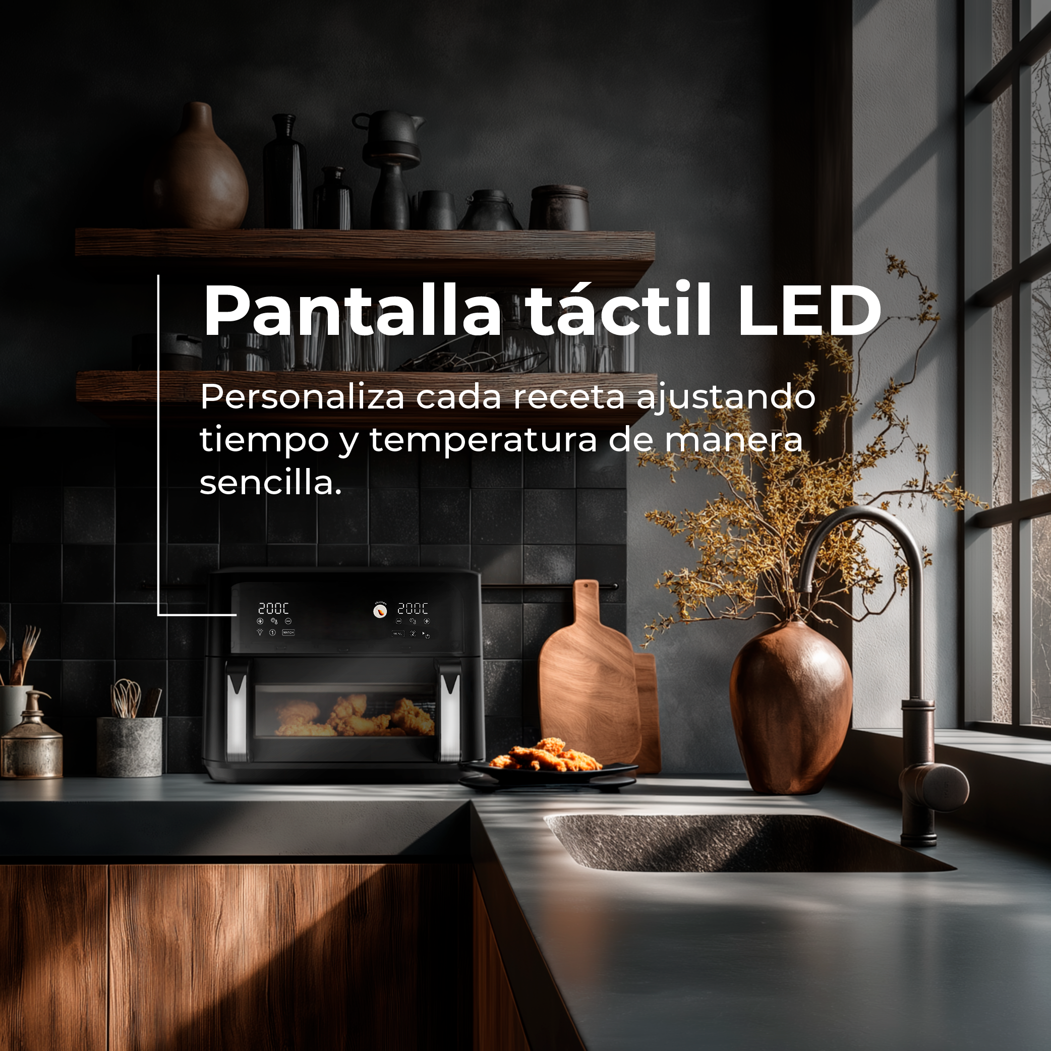 Scena di cucina con una friggitrice ad aria. Testo: Schermo tattile LED. Regola facilmente tempo e temperatura. Cibo fritto nella friggitrice.