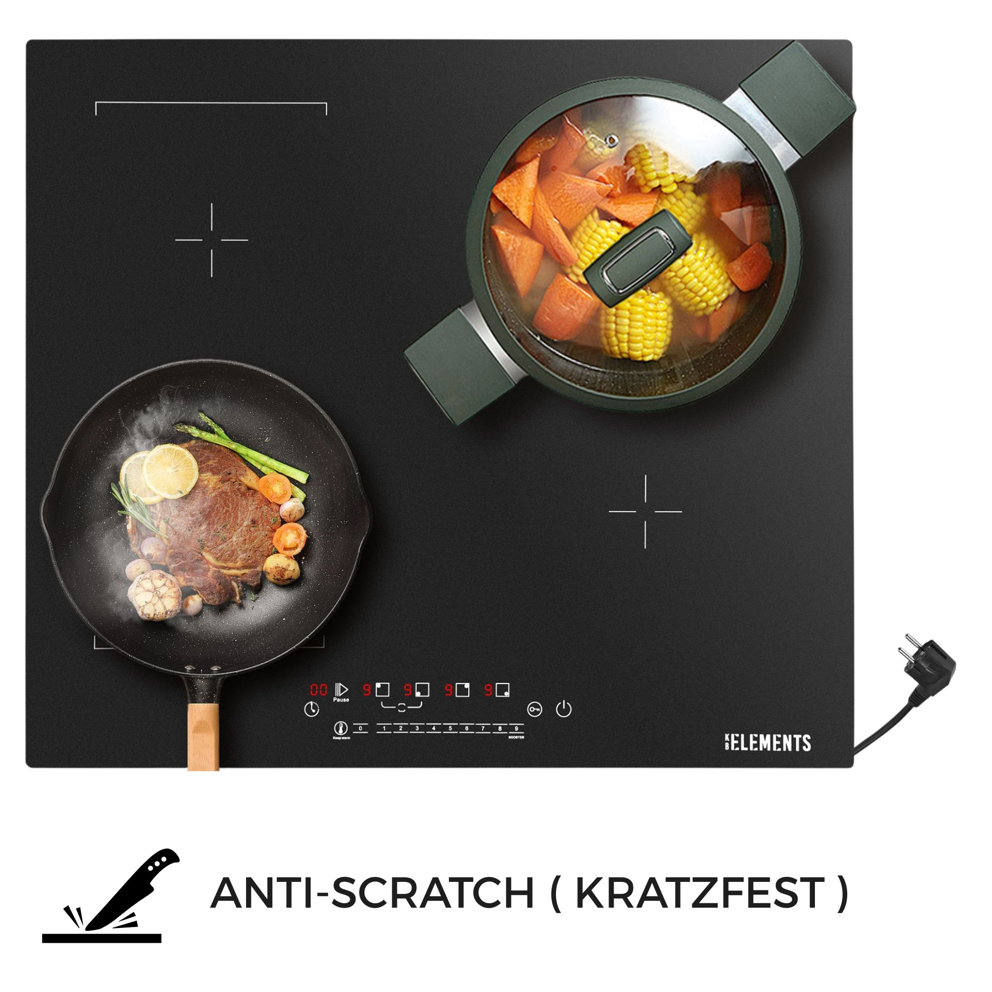 Schwarzes Induktionskochfeld mit einer Pfanne mit Steak und Gemüse, einem Topf mit Mais und Karotten und einem Netzstecker.