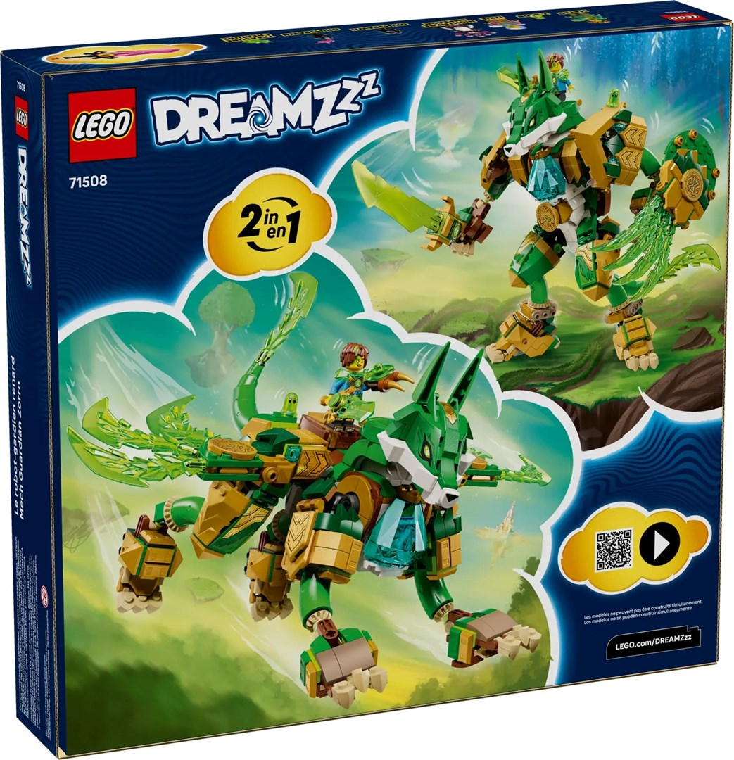 Pudełko zestawu LEGO Dreamzzz. Zielony i złoty mech-wilk oraz zielony smok. Dwie minifigurki jeżdżą na modelach. Tłem jest zielony krajobraz.