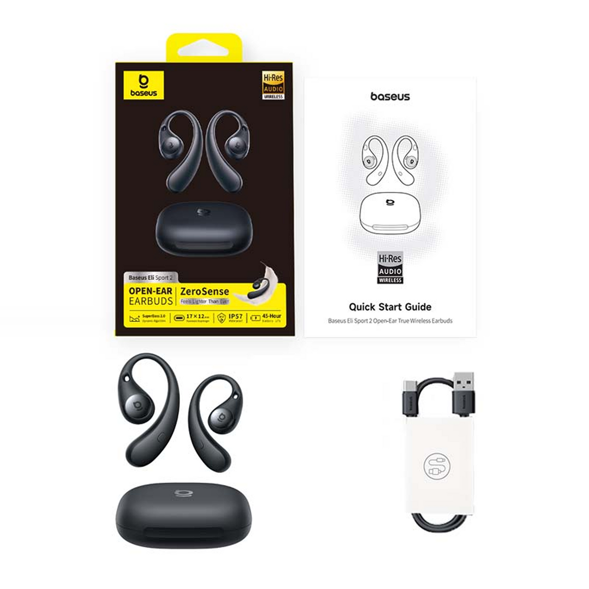 Baseus Eli Sport 2 Ohrhörer, Ladeetui und Kurzanleitung. Enthält ein USB-Kabel. Die Box zeigt das Produkt und die Funktionen.