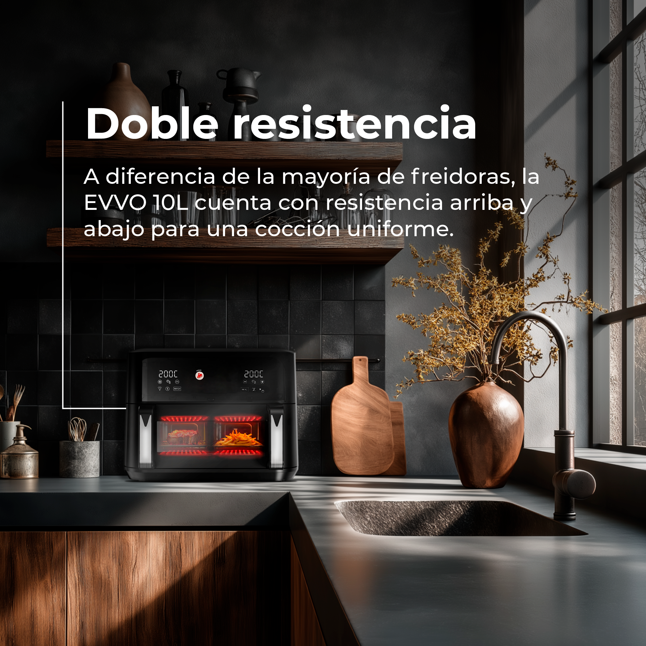 Una scena di cucina con una friggitrice ad aria, oggetti in legno e piante.
