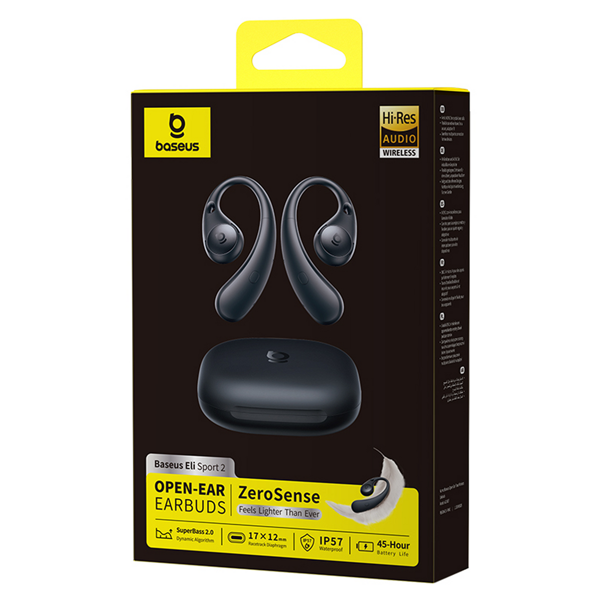 Schachtel mit schwarzen Baseus Eli Sport 2 Ohrhörern. Enthält Ladecase, Hi-Res Audio Logo und Produktdetails. Gelber Griff oben.