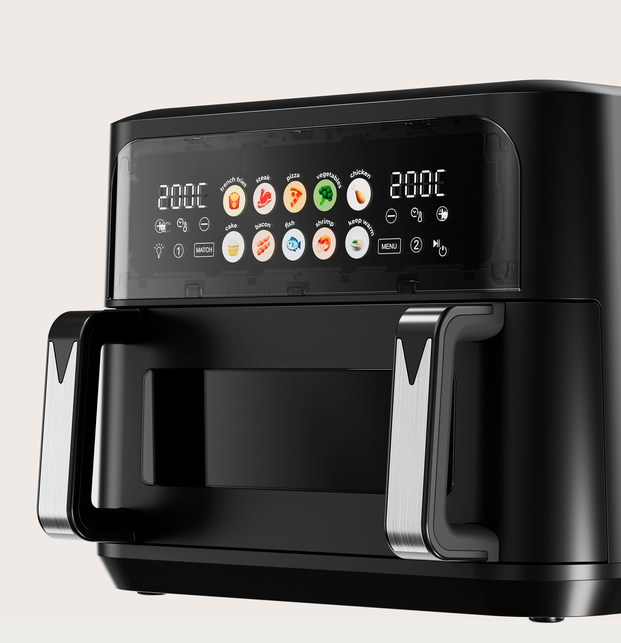 Friggitrice ad aria nera con display digitale che mostra temperatura e icone alimentari. Maniglie argentate e vano cottura nero visibili.