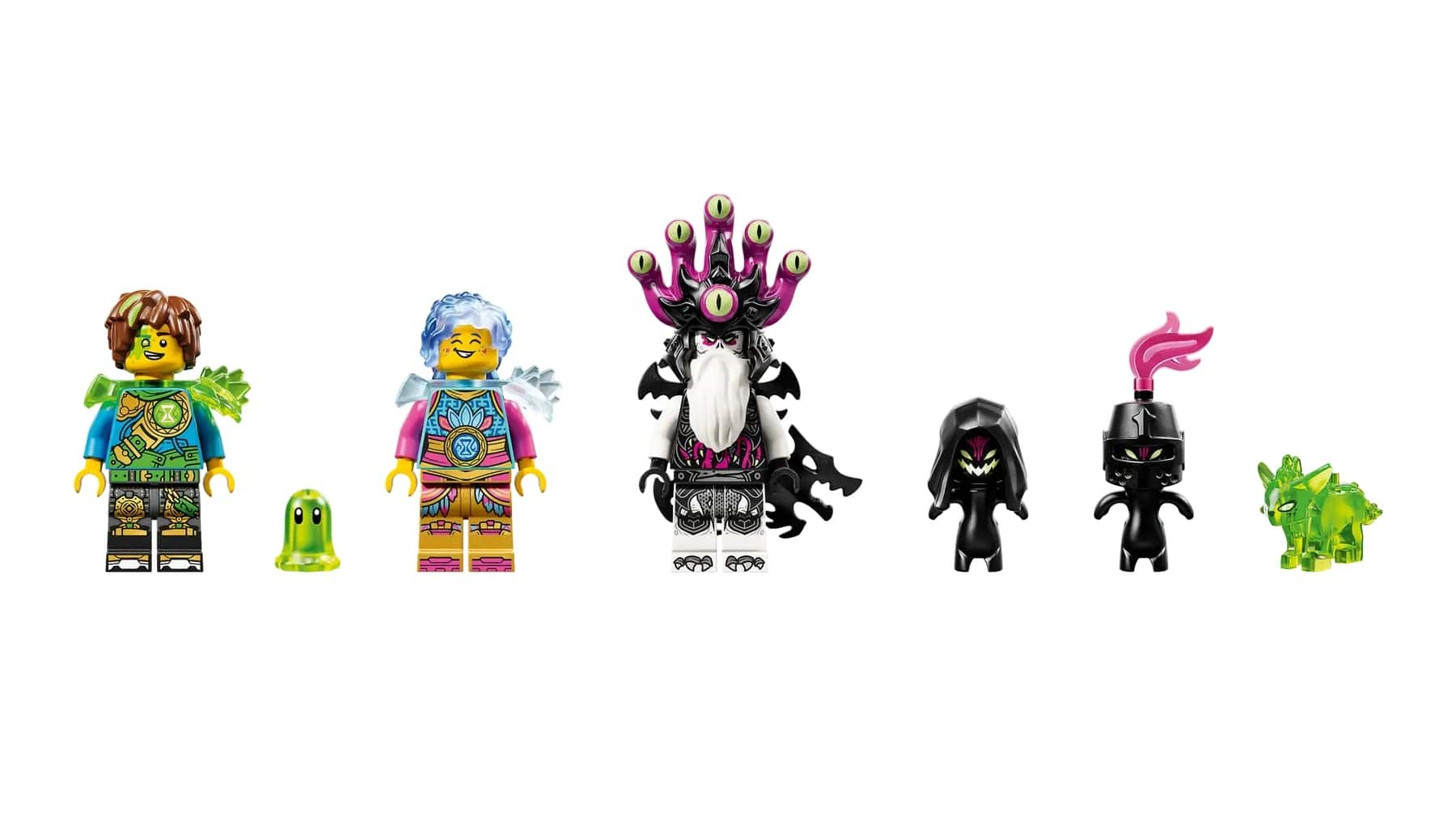 Figurki Lego. Postacie to zielono-żółta, kolejna z niebieskimi włosami, postać z koroną, dwie postacie w kapturach i zielony dinozaur.