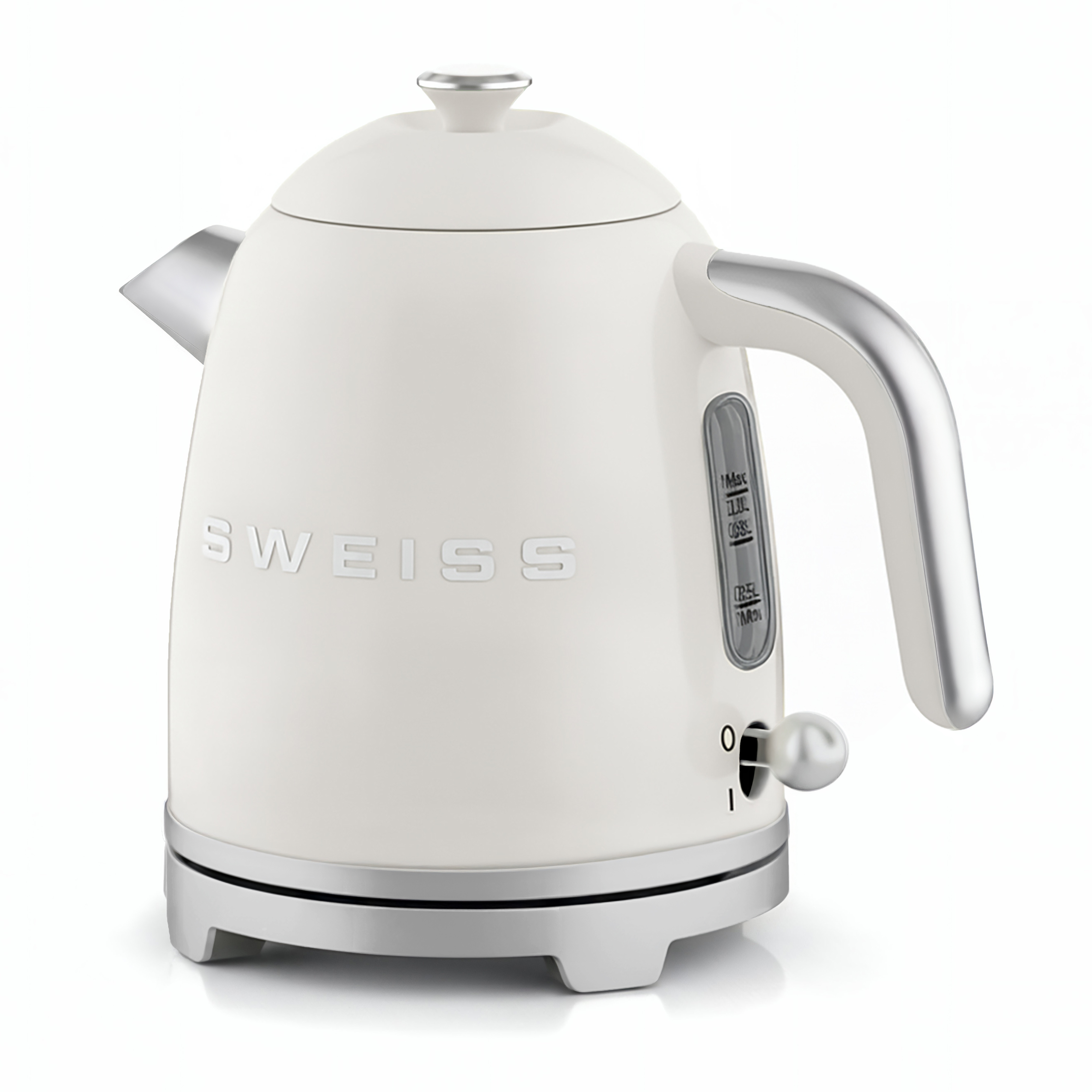 Ein cremefarbener Wasserkocher mit silbernem Griff und Ausguss. Der Markenname lautet 'SWEISS'.